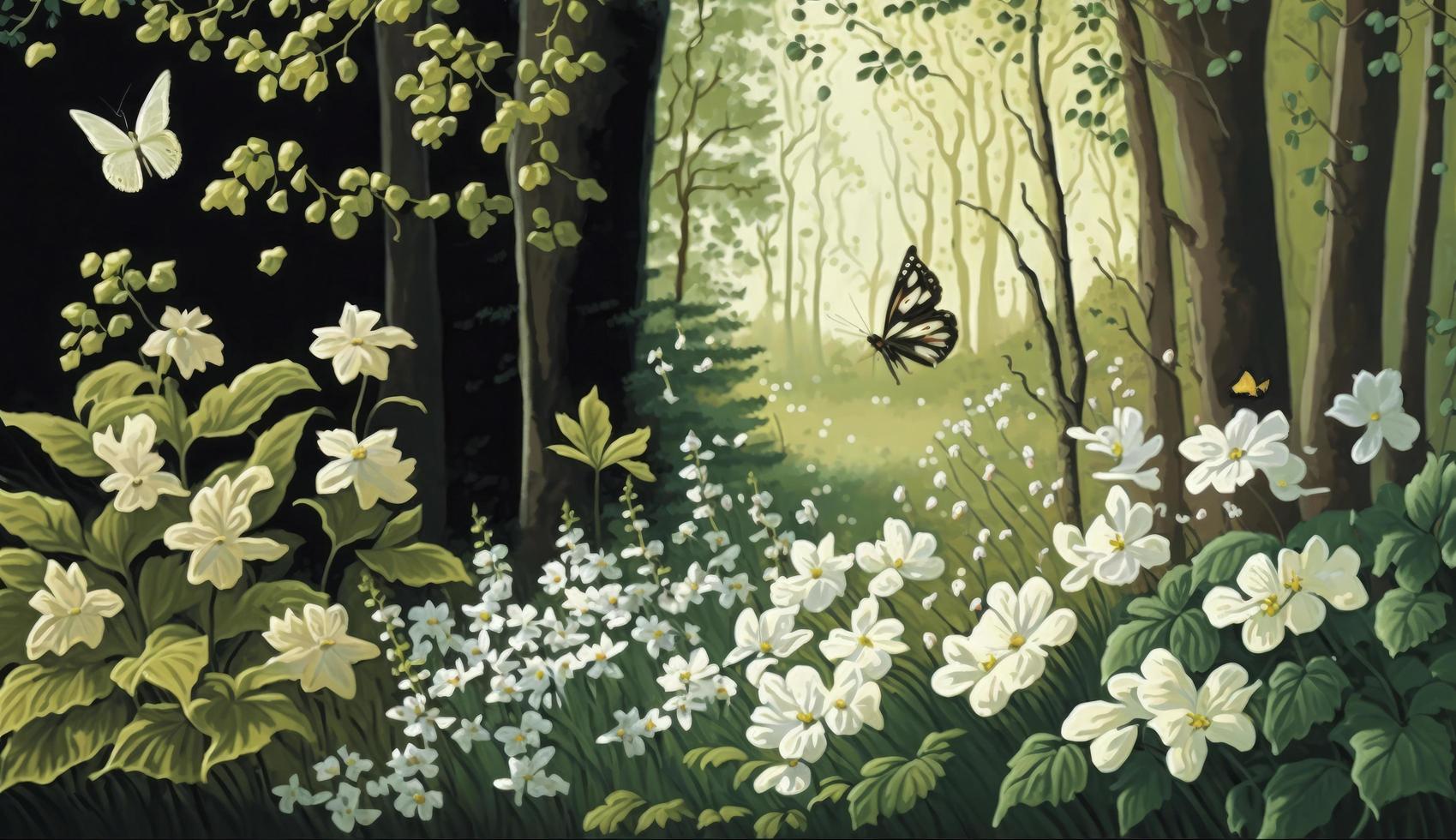 Forest glade with lots of white spring flowers and butterflies on a sunny day, Generate Ai photo