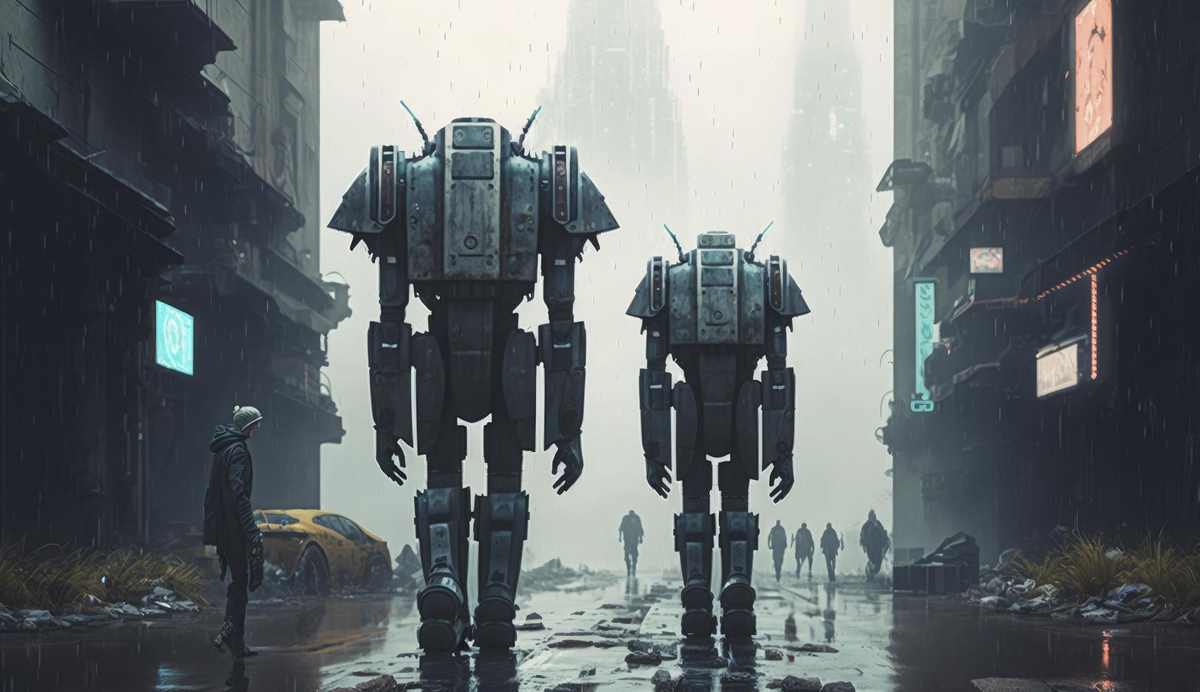 illustration painting of Robots back view on the streets of an abandoned futuristic city on a rainy day., digital art style, Generate Ai photo