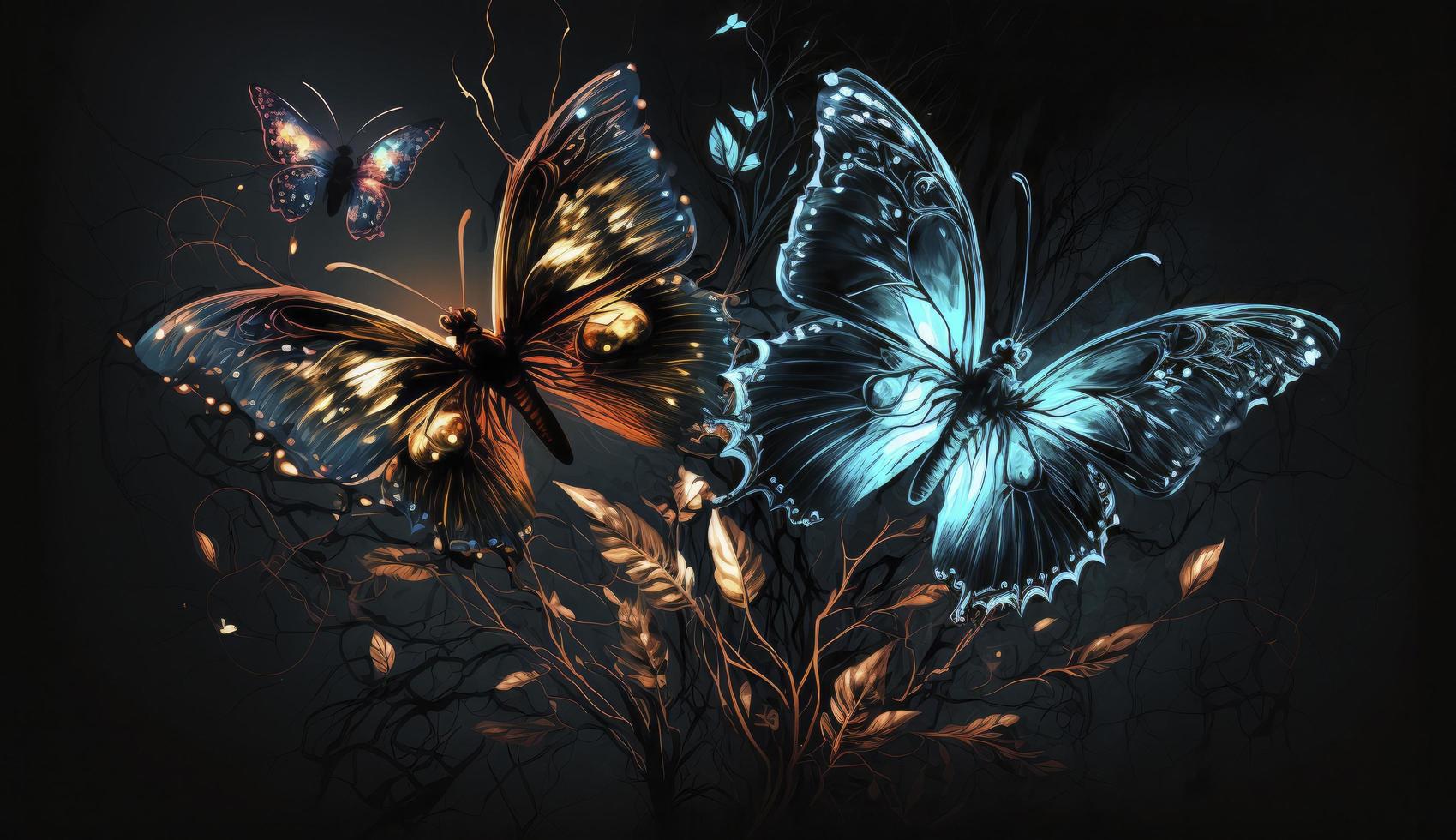 Night glowing butterflies on dark abstract background, Generate Ai photo