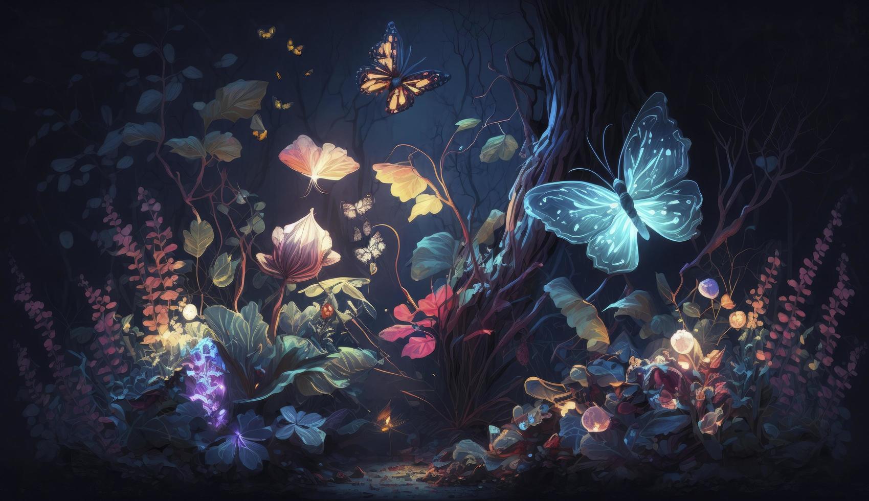 hada bosque a noche, fantasía brillante flores, mariposa y luces, generar ai foto