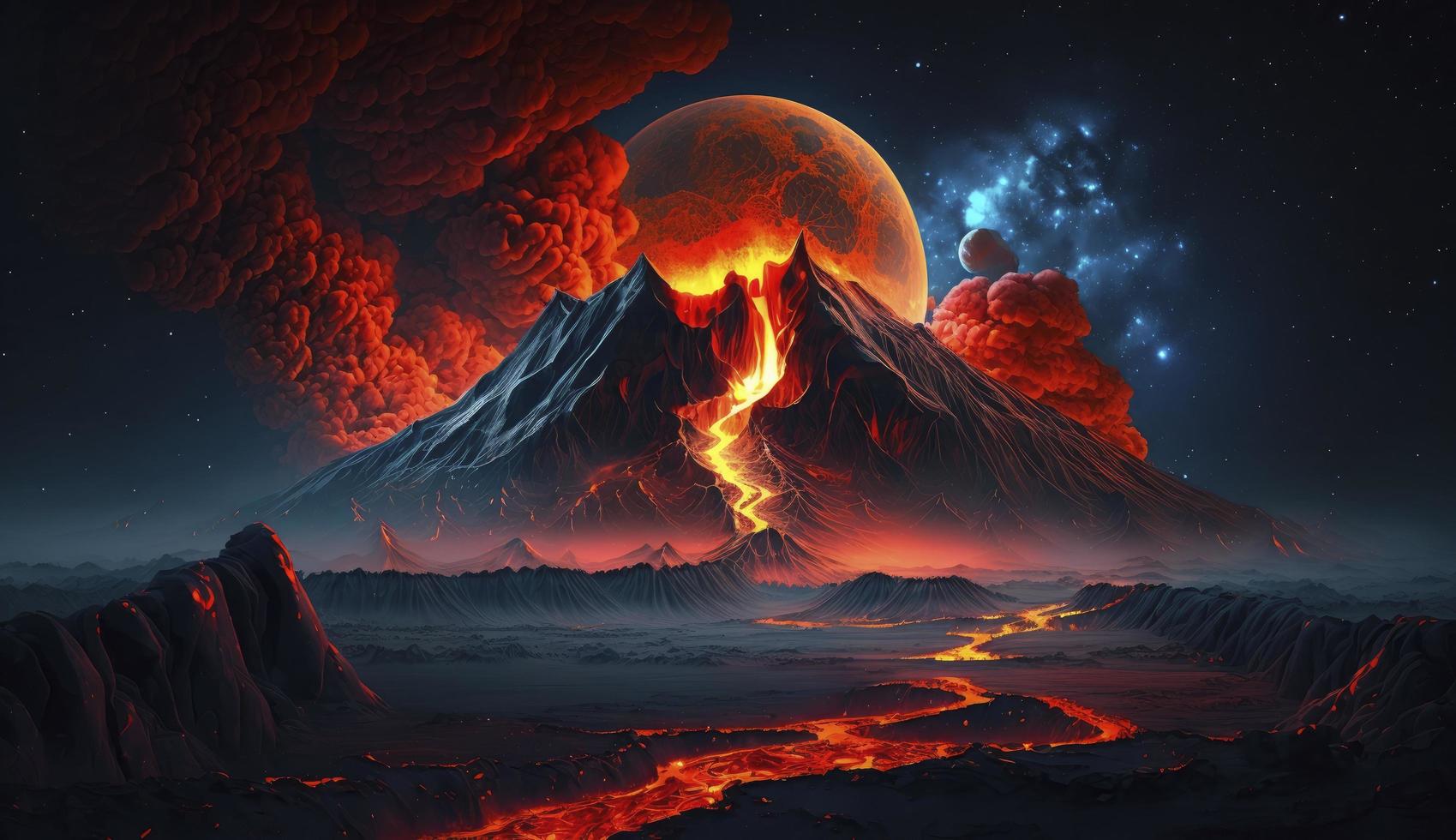illustration painting of Night landscape with volcano and burning lava. Volcano eruption, fantasy landscape. 3D illustration, Generate Ai photo