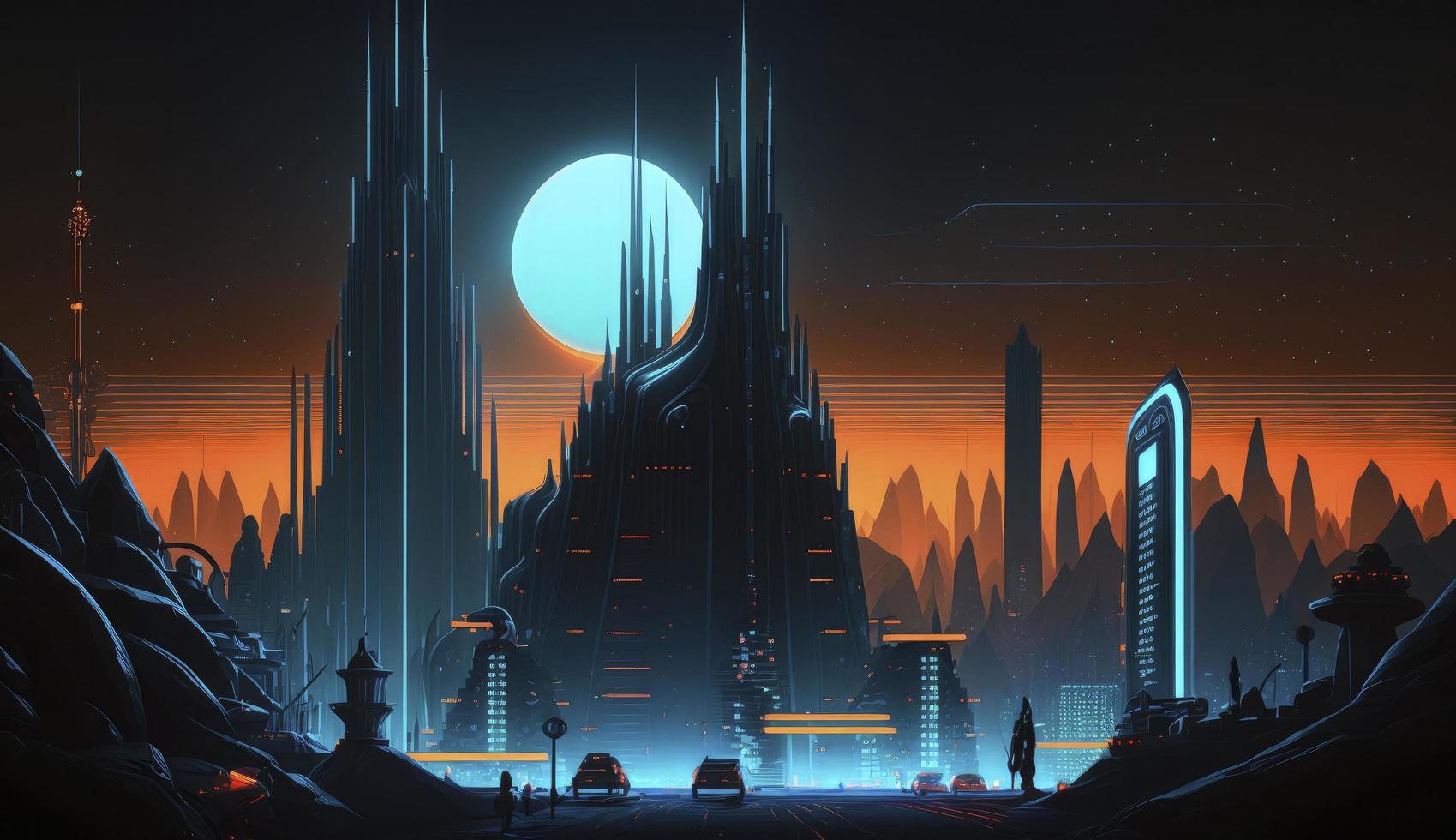 A futuristic, neon-lit cityscape in the style of TRON, Generate Ai photo