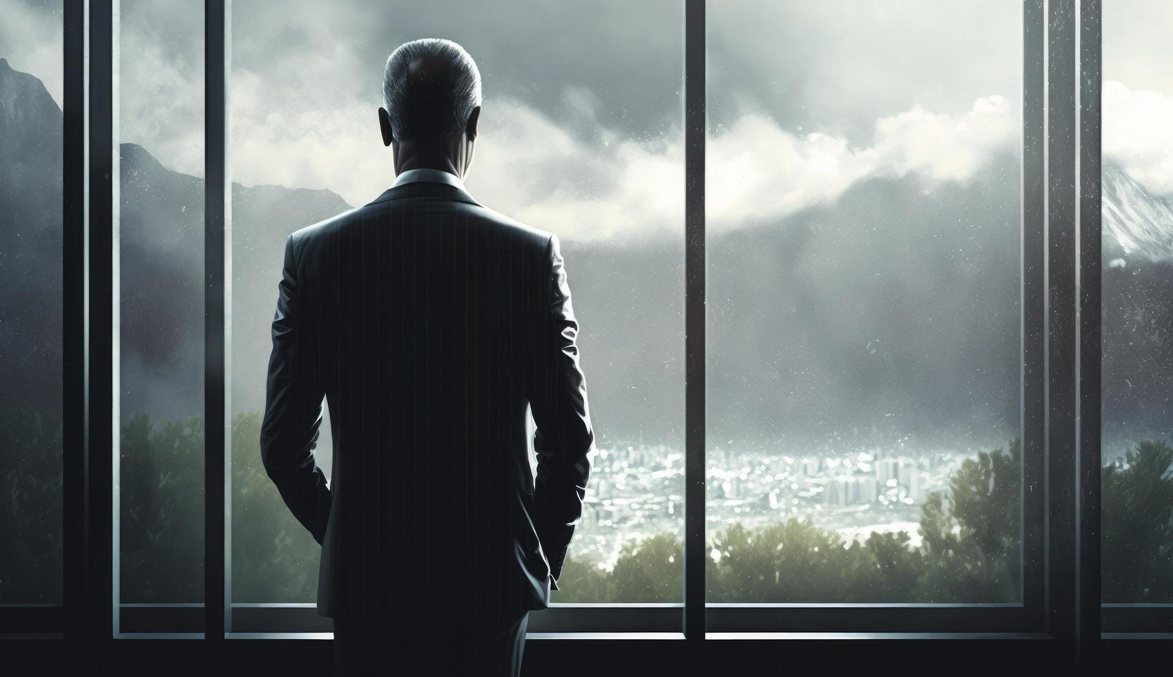 business man looking out through the office balcony seen through glass window.  young man looking at Dubai city through hotel window, Generate Ai photo