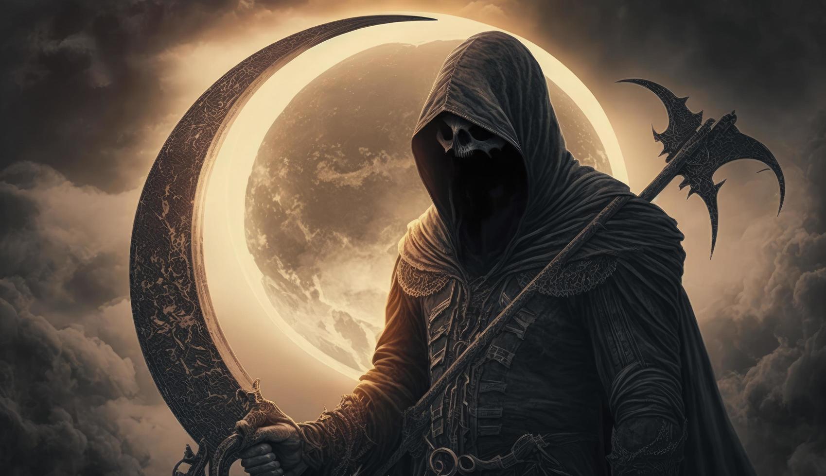 illustration painting of the Death as know as Grim Reaper holding the scythe against the eclipse on the background, digital art style, Generate Ai photo