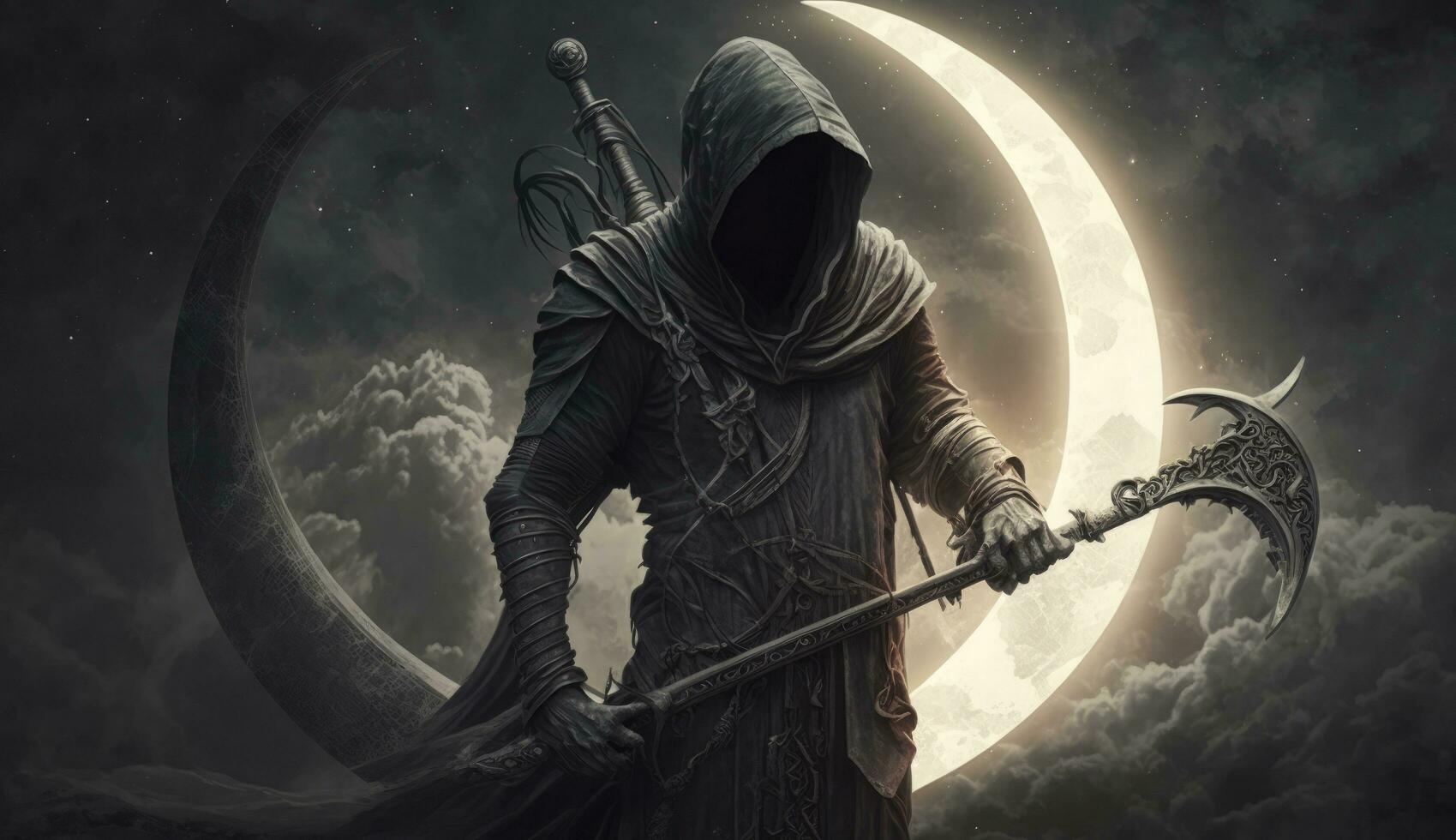 illustration painting of the Death as know as Grim Reaper holding the scythe against the eclipse on the background, digital art style, Generate Ai photo