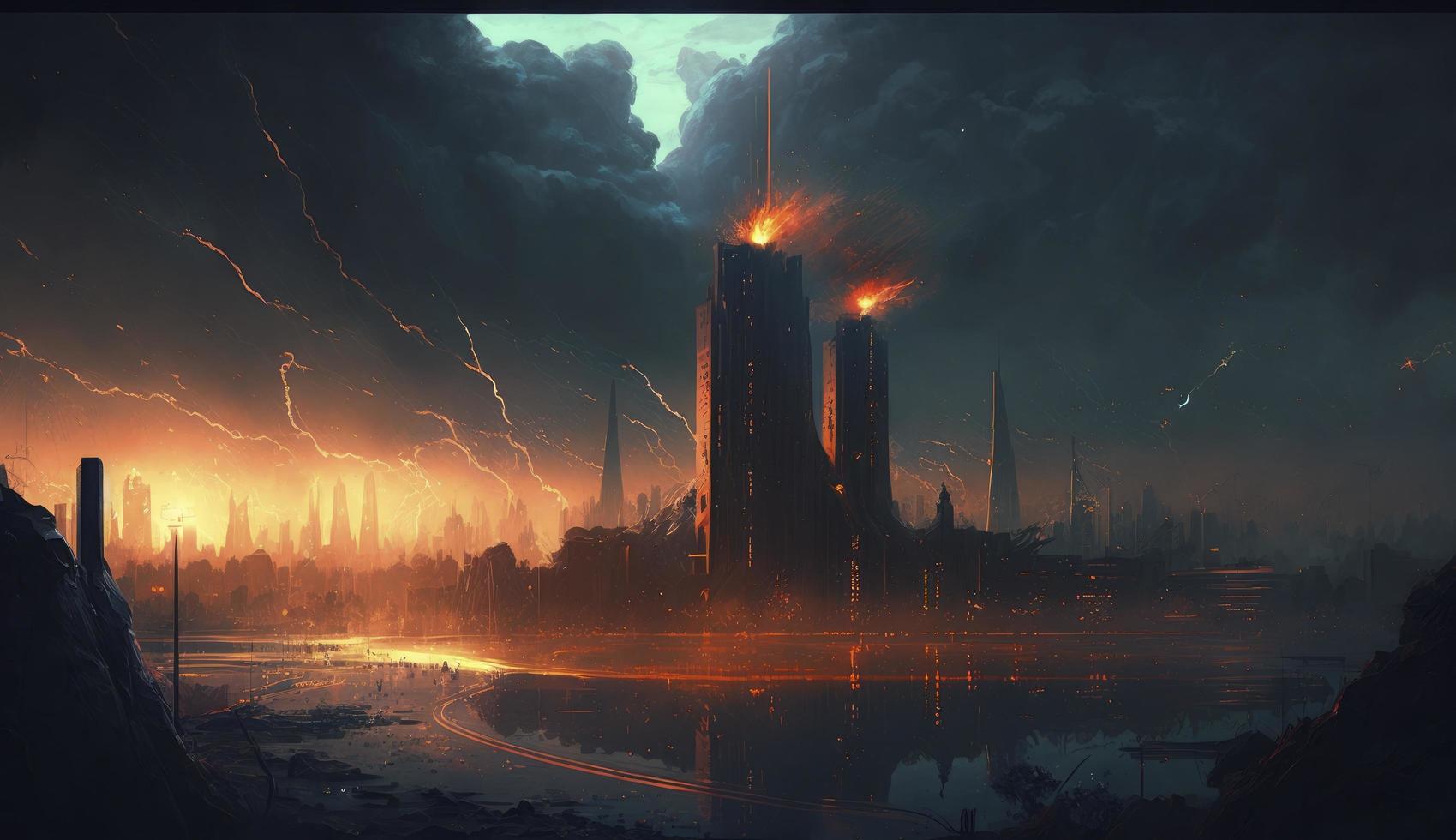 illustration painting of red thunder cityscape, the burning city, digital art style, digital painting, Generate Ai photo