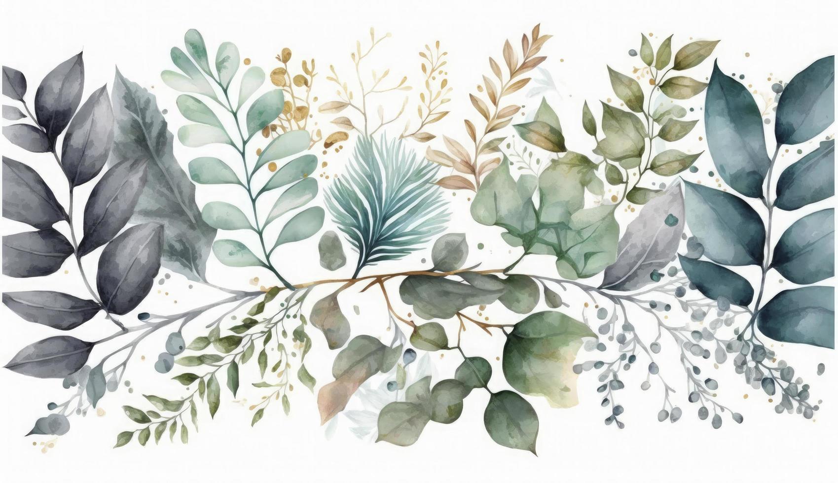 Watercolor seamless border - illustration with green gold leaves and branches, for wedding stationary, greetings, wallpapers, fashion, backgrounds, textures, DIY, wrappers, cards, Generate Ai photo