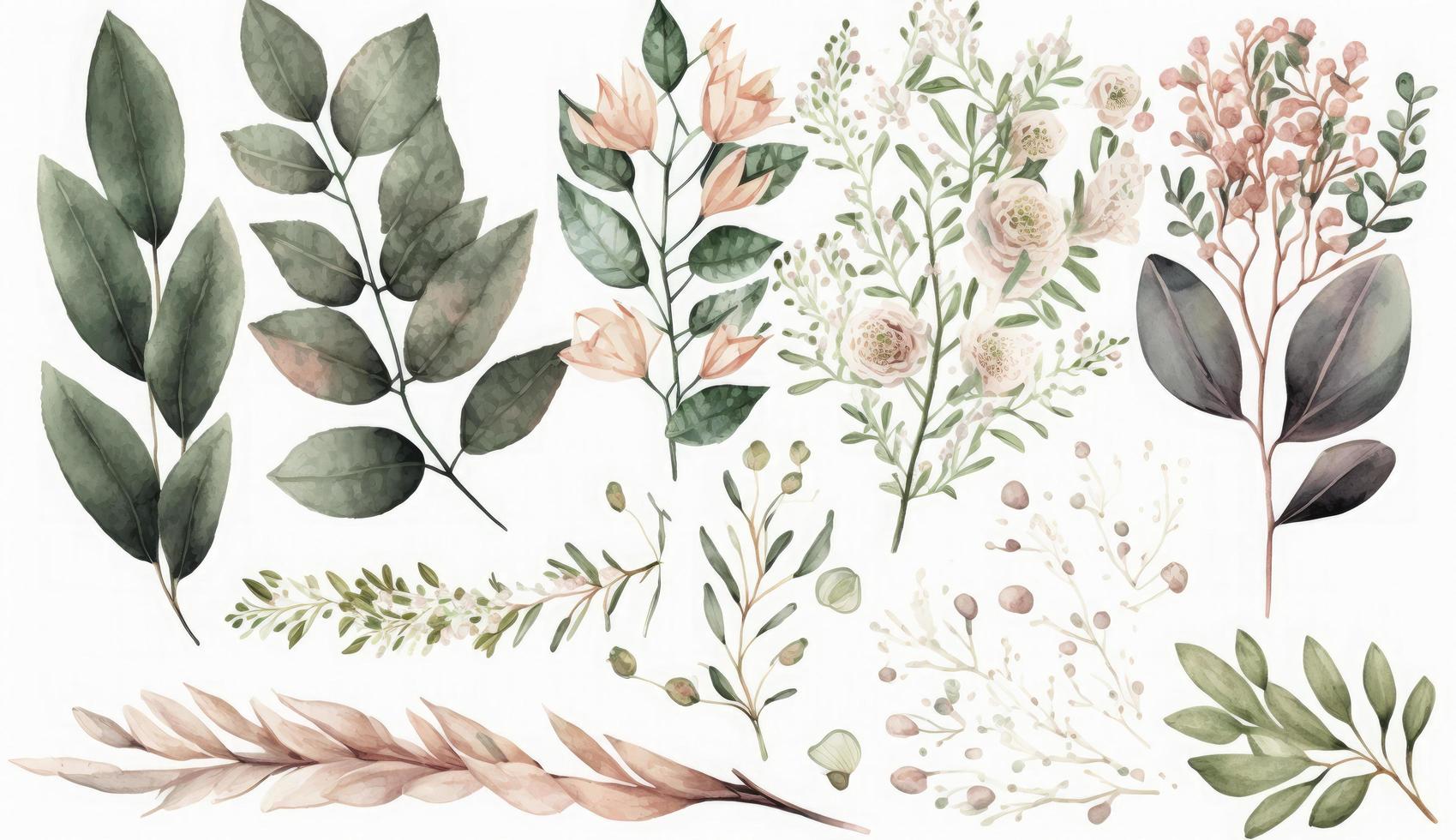 Watercolor floral illustration bouquet set -  leaves, peach blush  flowers branches. Wedding invitations, greetings, wallpapers, fashion, prints. Eucalyptus, olive, peony, rose, Generate Ai photo