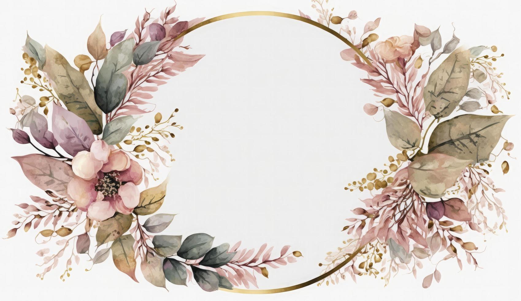 Watercolor floral illustration set - bouquets, frame, border. flowers, rose, peony, leaf branches collection. Wedding invites, wallpapers, fashion. Eucalyptus olive leaves chamomile, Generate Ai photo
