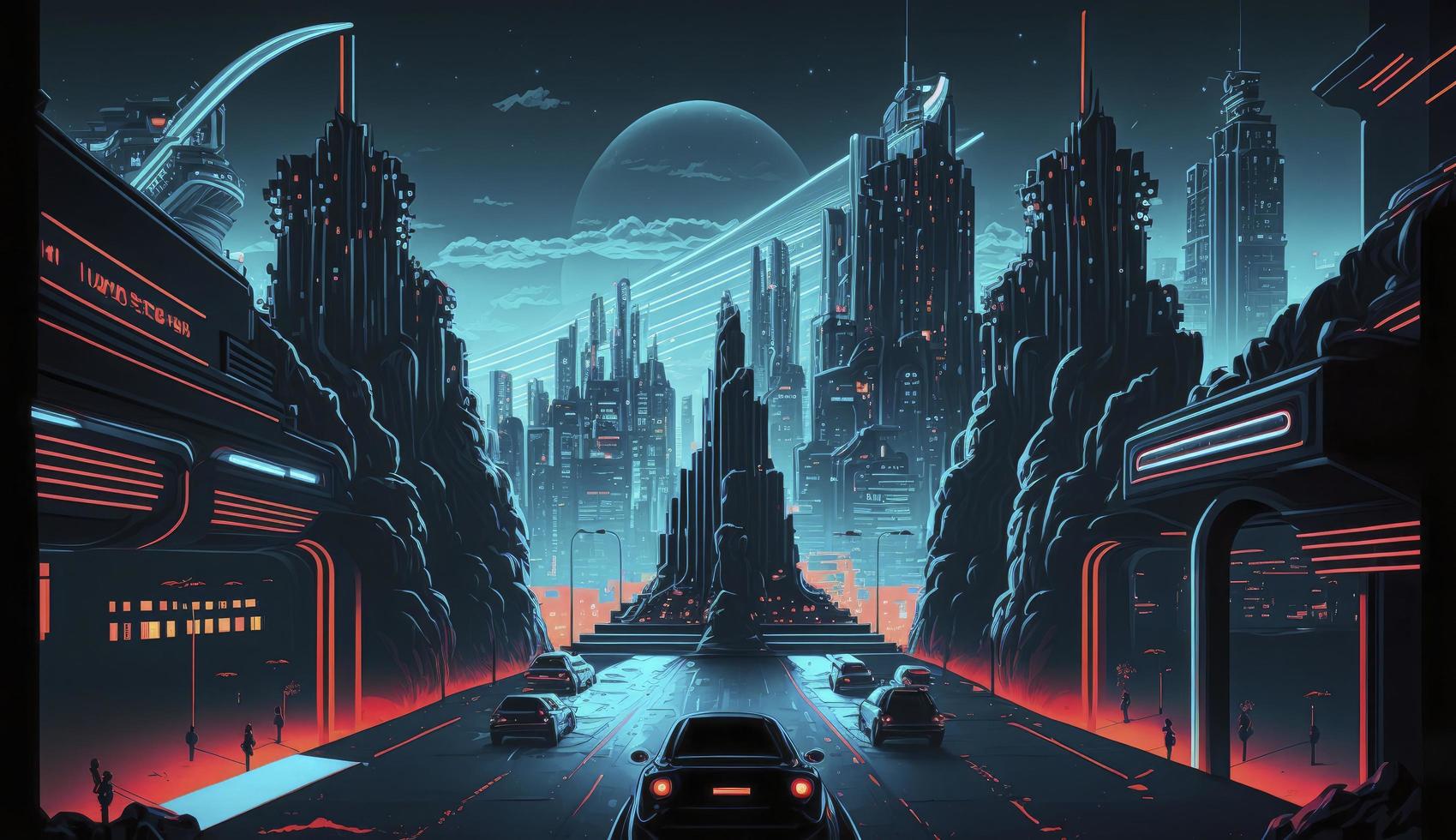 A futuristic, neon-lit cityscape in the style of TRON, Generate Ai photo