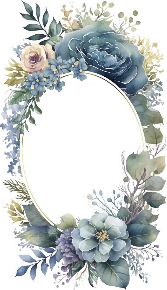 Watercolor floral illustration set - bouquets, frame, border. flowers, rose, peony, leaf branches collection. Wedding invites, wallpapers, fashion. Eucalyptus olive leaves chamomile, Generate Ai photo