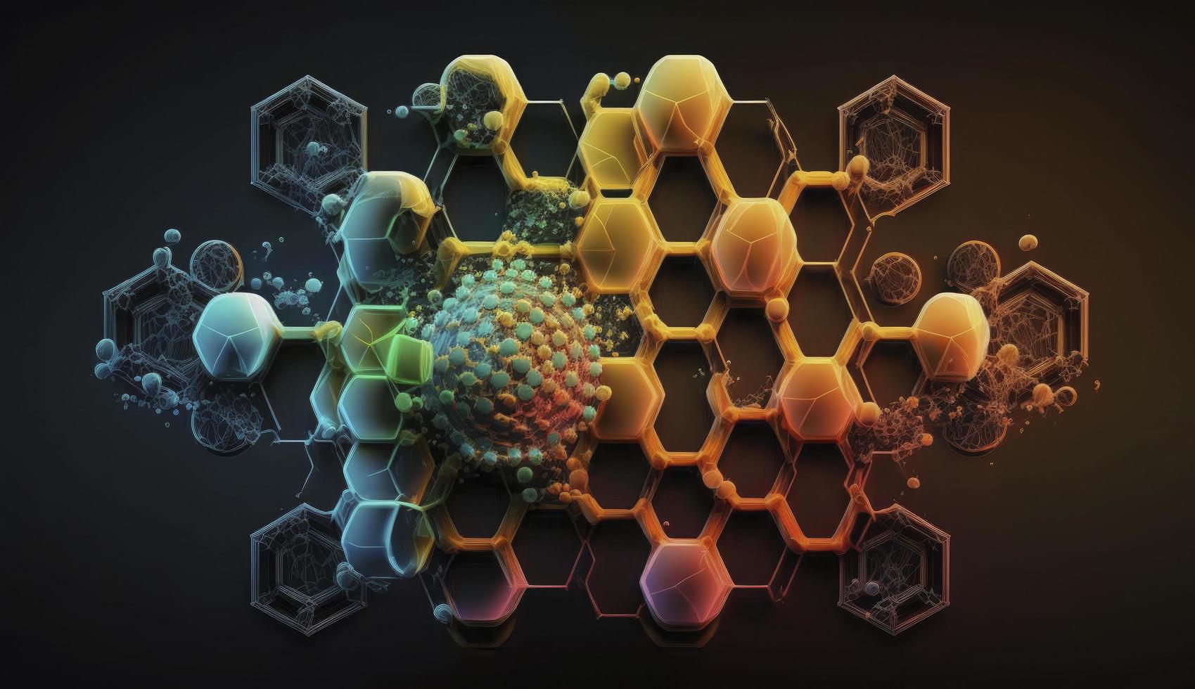 Genetic engineering and molecular structure, hexagon DNA network, science chemical and biotechnology concept, innovation technology, healthcare, and medicine design, Generate Ai photo