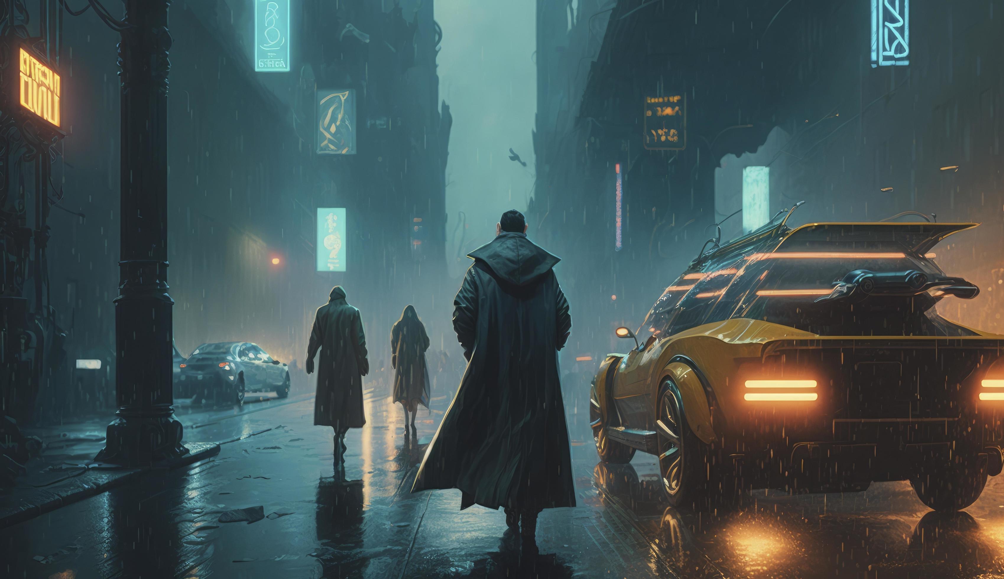 A scene from a science fiction movie, like Blade Runner, featuring a futuristic cityscape in the