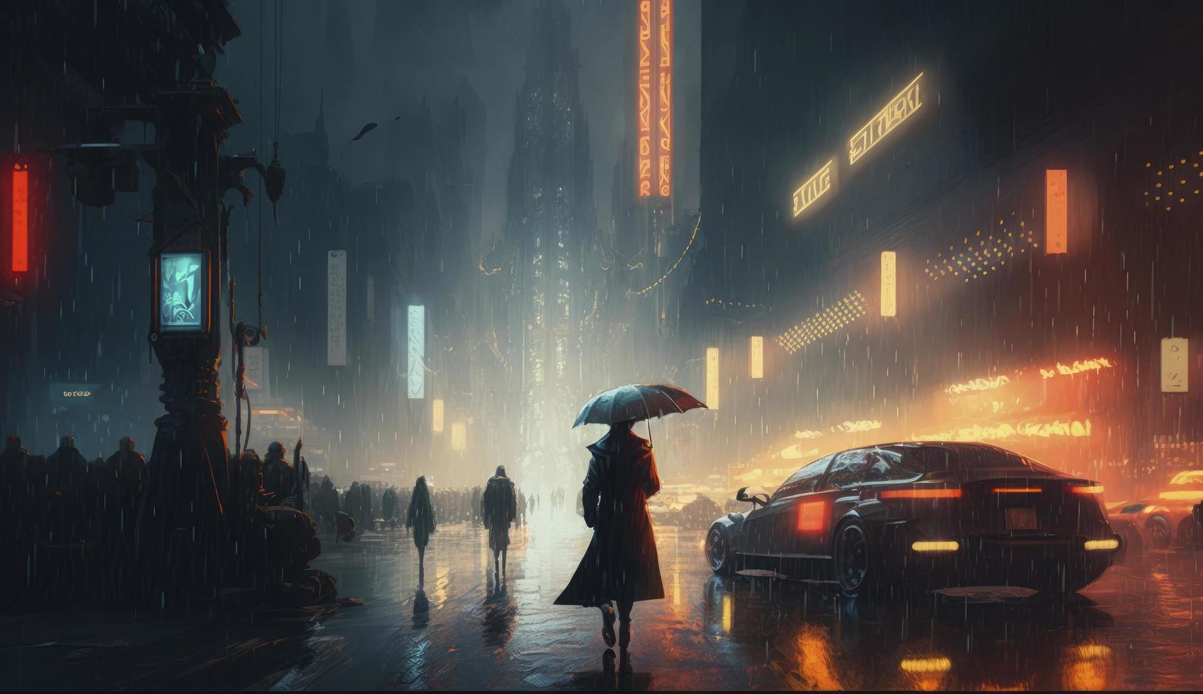 un escena desde un Ciencias ficción película, me gusta espada corredor, presentando un futurista paisaje urbano en el lluvia, con volador carros, neón luces, y personas en largo abrigos apurado, generar ai foto