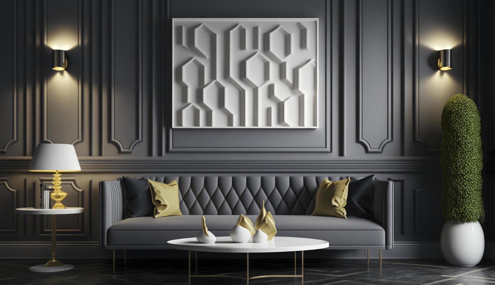 Mockup poster frame on the wall of living room. Luxurious apartment background with contemporary design. Modern interior design. 3D render, 3D illustration, Generate Ai photo