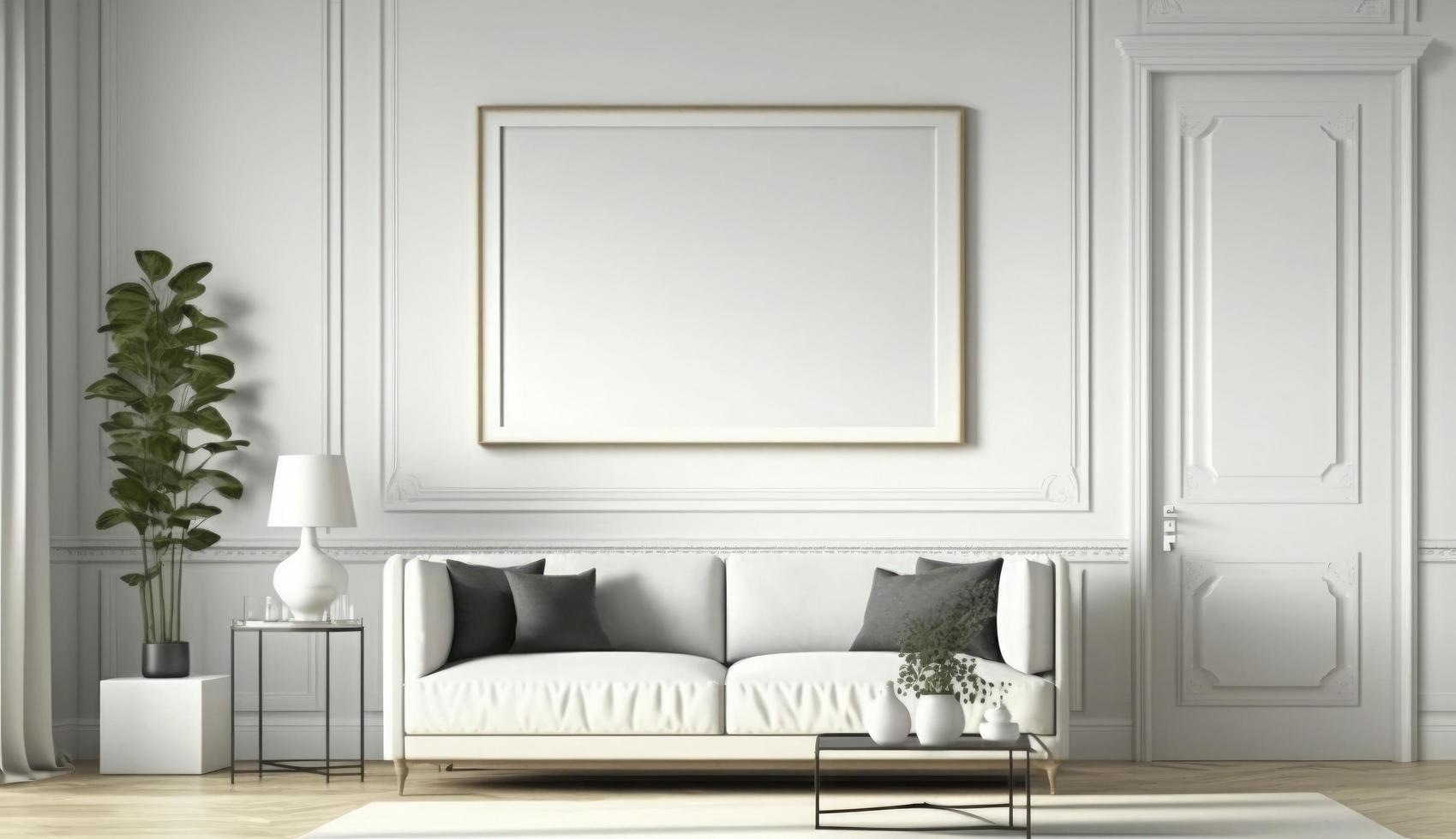 Mockup poster frame on the wall of living room. Luxurious apartment background with contemporary design. Modern interior design. 3D render, 3D illustration, Generate Ai photo