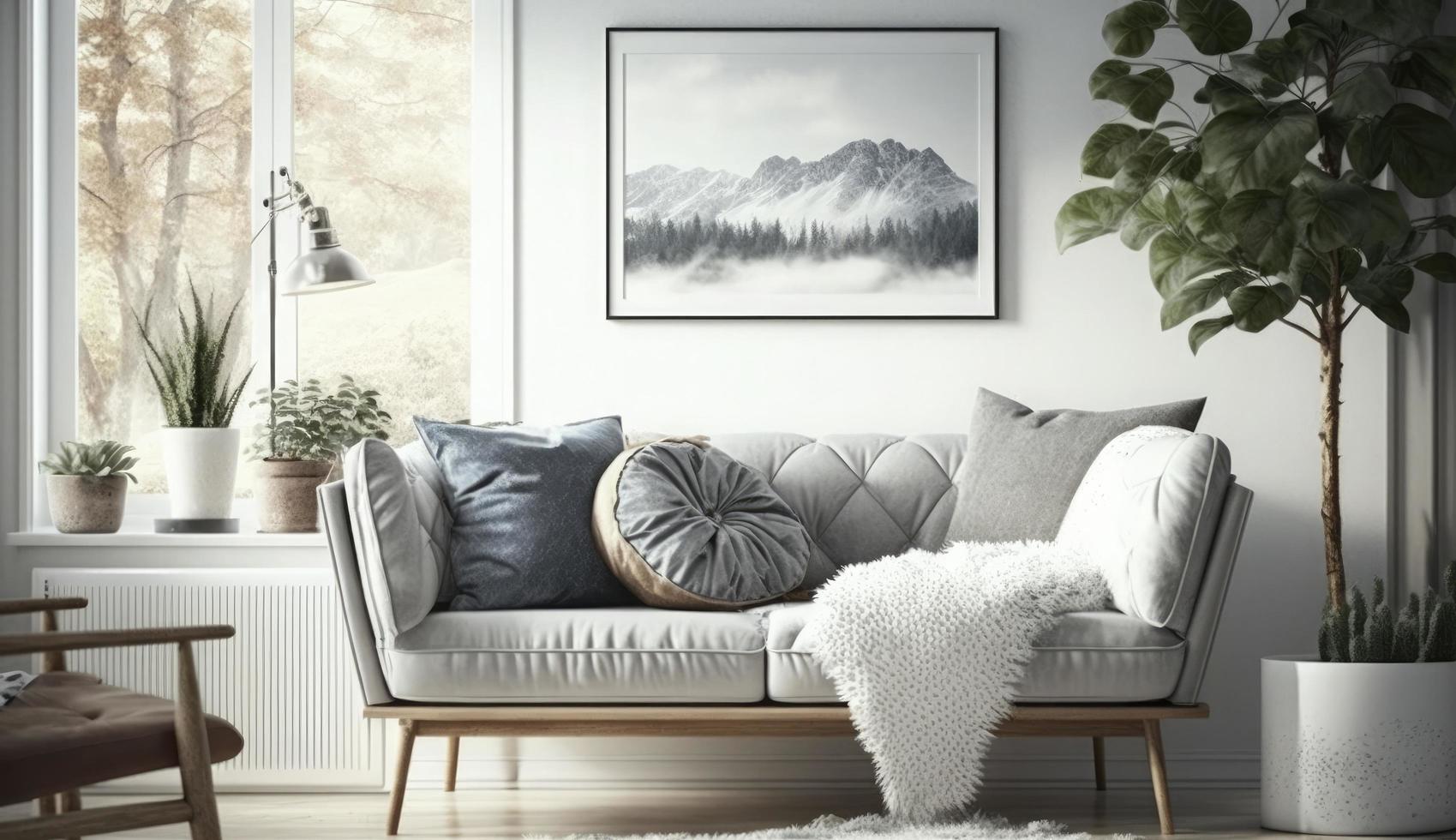 Mockup poster frame on the wall of living room. Luxurious apartment background with contemporary design. Modern interior design. 3D render, 3D illustration, Generate Ai photo
