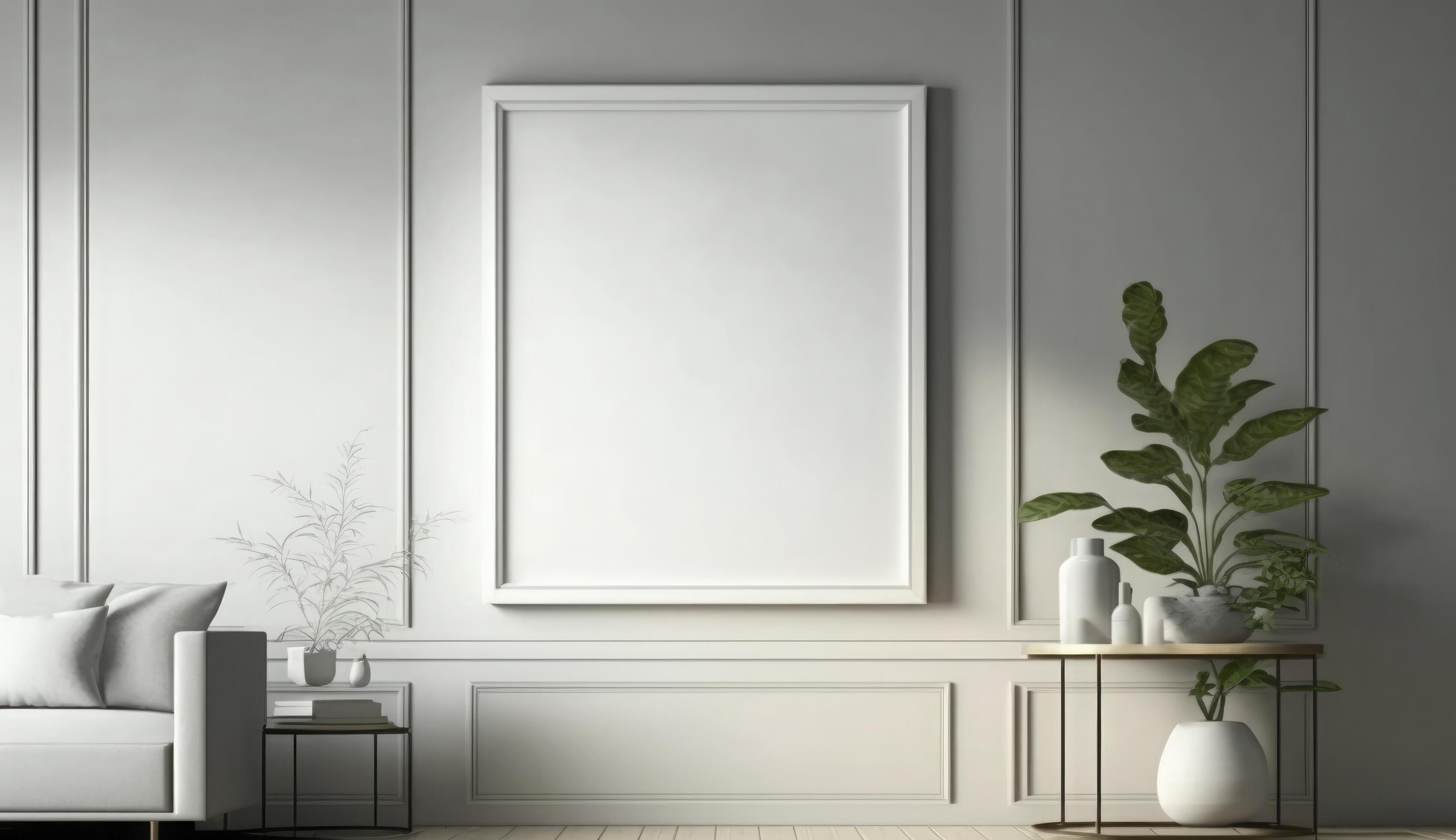 Mockup poster frame on the wall of living room. Luxurious apartment