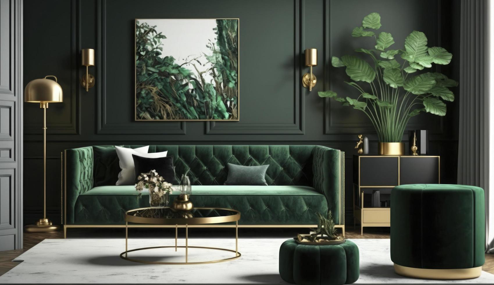 Mockup poster frame on the wall of living room. Luxurious apartment background with contemporary design. Modern interior design. 3D render, 3D illustration, Generate Ai photo