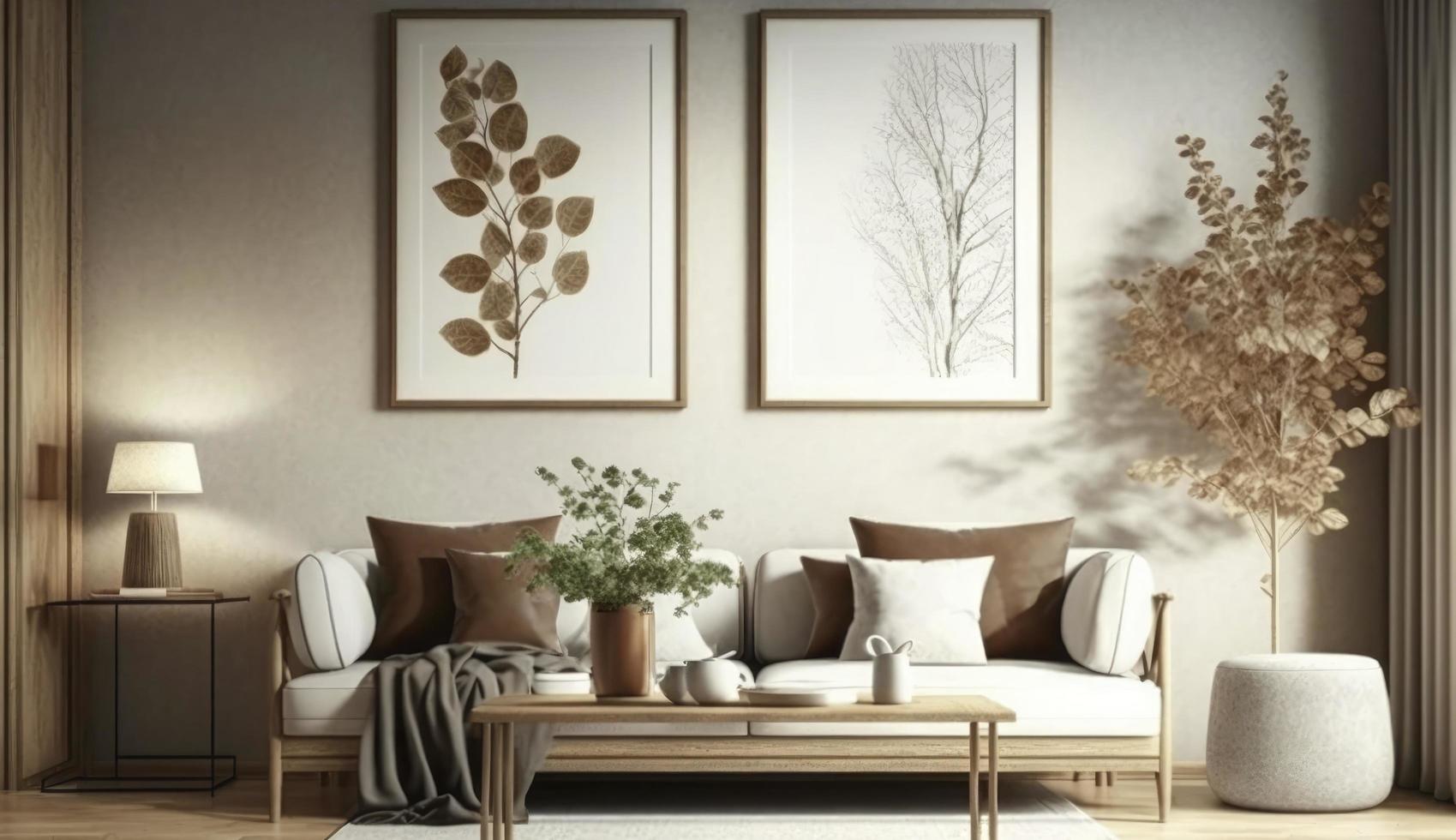 Mockup poster frame on the wall of living room. Luxurious apartment background with contemporary design. Modern interior design. 3D render, 3D illustration, Generate Ai photo
