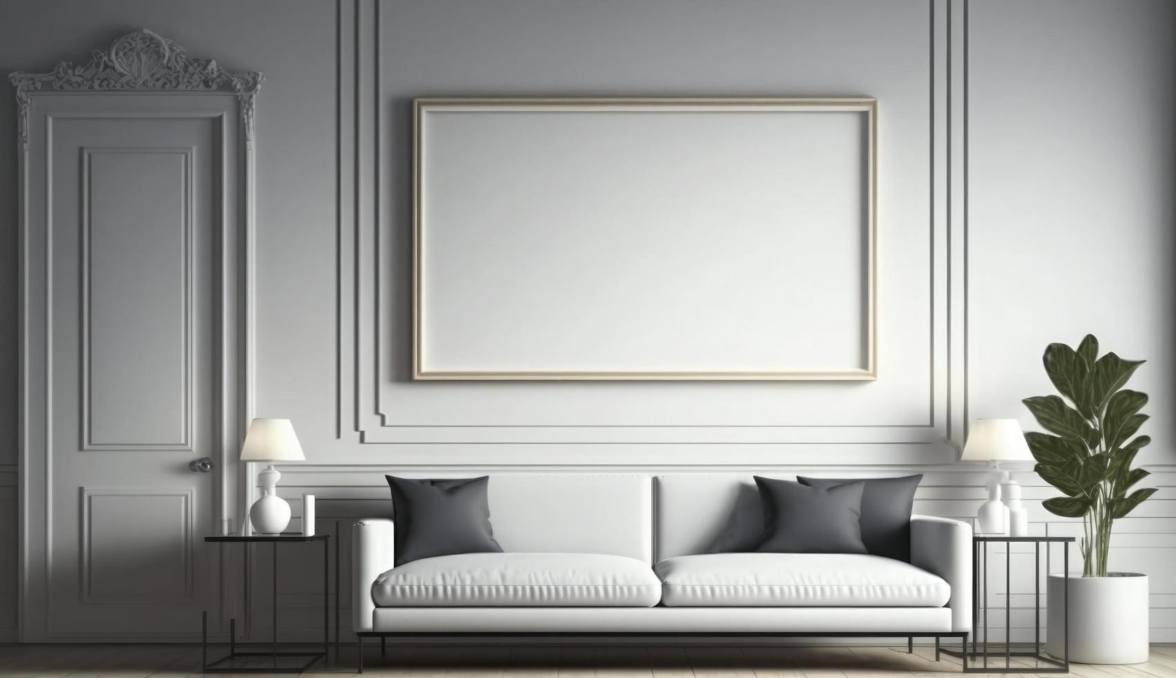 Mockup poster frame on the wall of living room. Luxurious apartment background with contemporary design. Modern interior design. 3D render, 3D illustration, Generate Ai photo