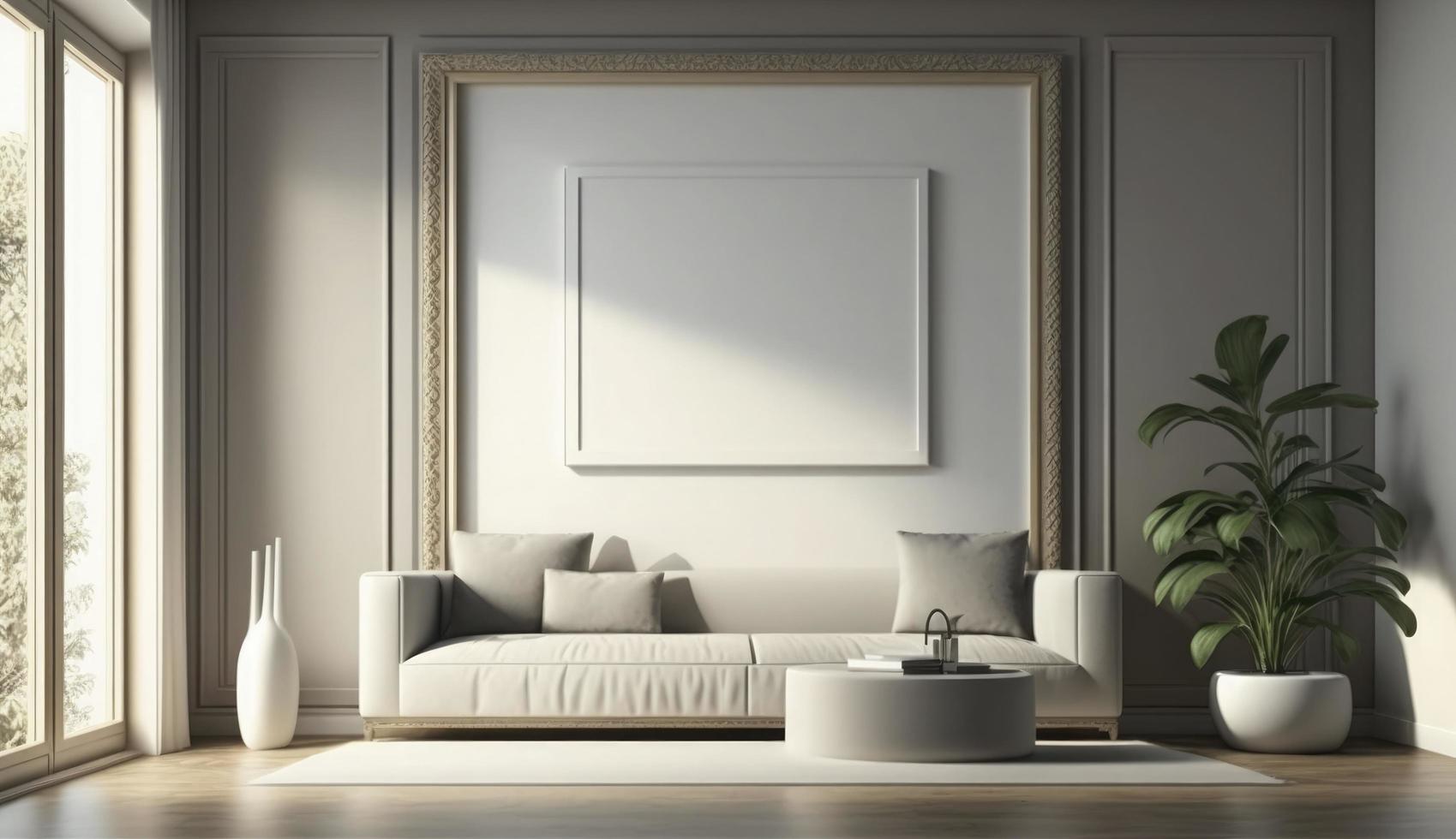 Mockup poster frame on the wall of living room. Luxurious apartment background with contemporary design. Modern interior design. 3D render, 3D illustration, Generate Ai photo