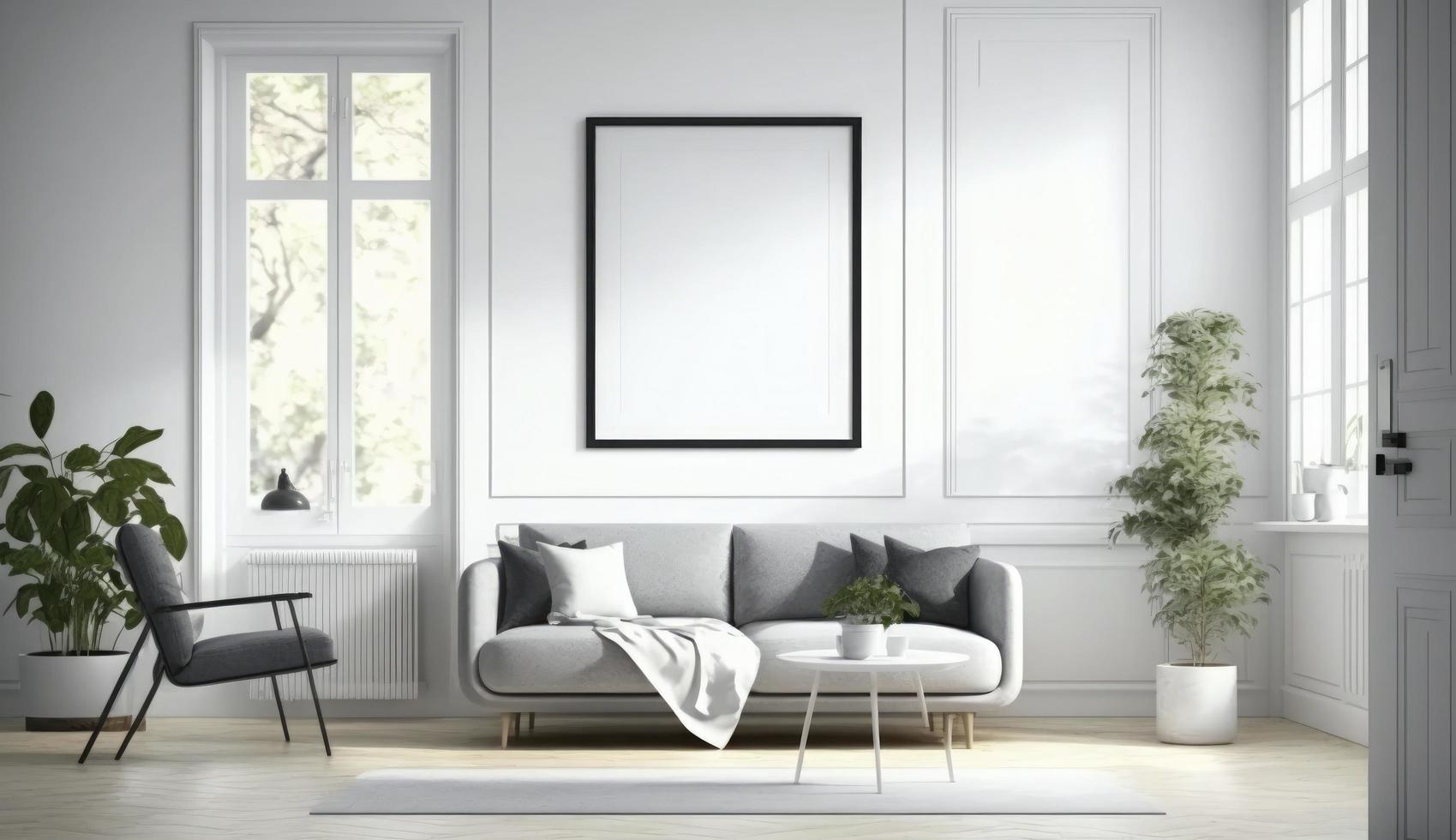 Mockup poster frame on the wall of living room. Luxurious apartment background with contemporary design. Modern interior design. 3D render, 3D illustration, Generate Ai photo