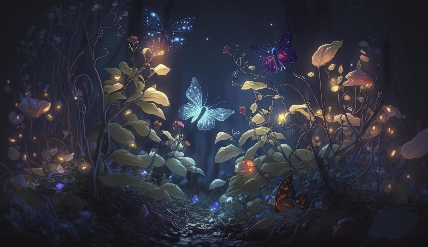 Fairy forest at night, fantasy glowing flowers, butterfly and lights, Generate Ai photo