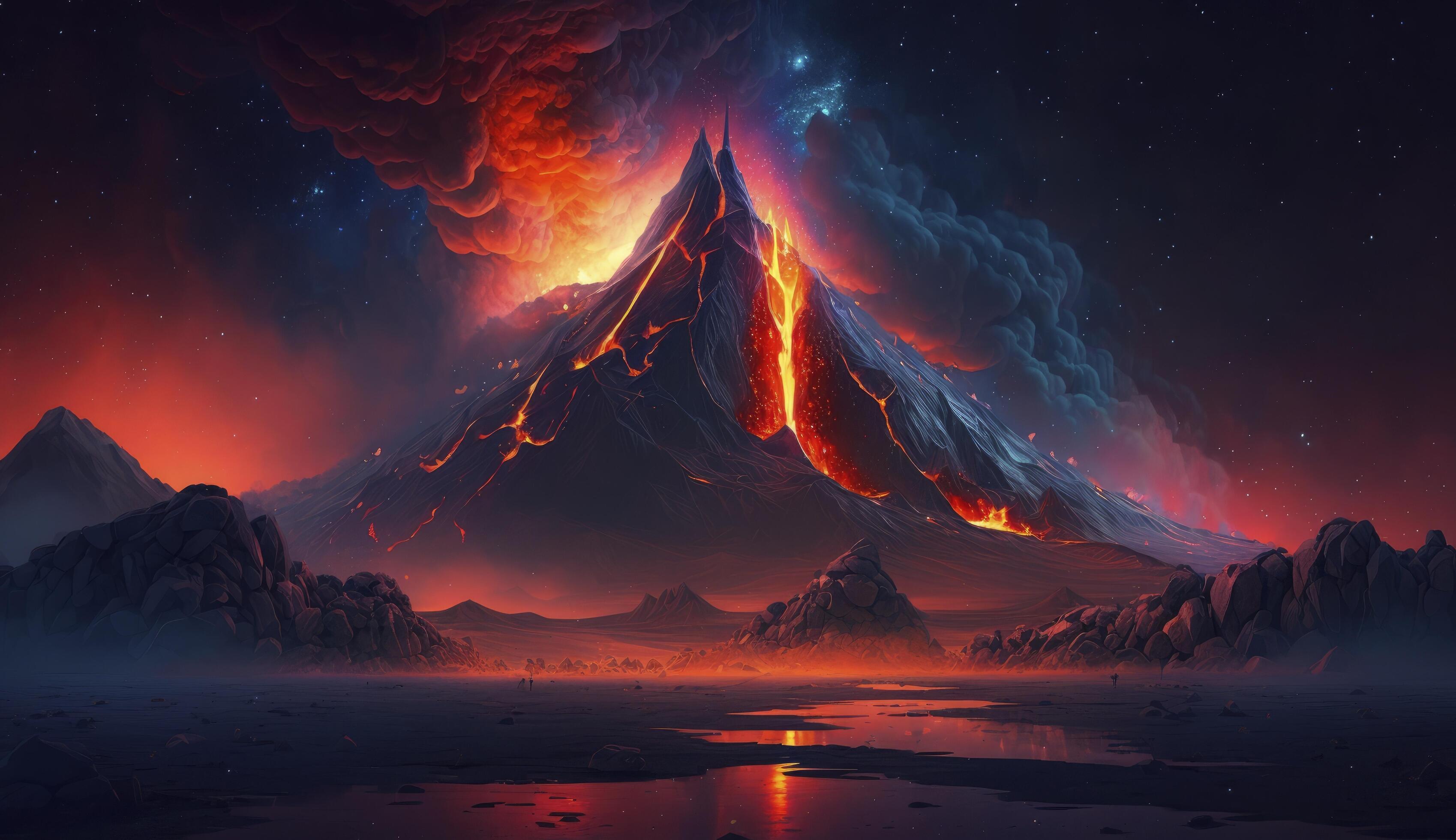 illustration painting of Night landscape with volcano and burning lava