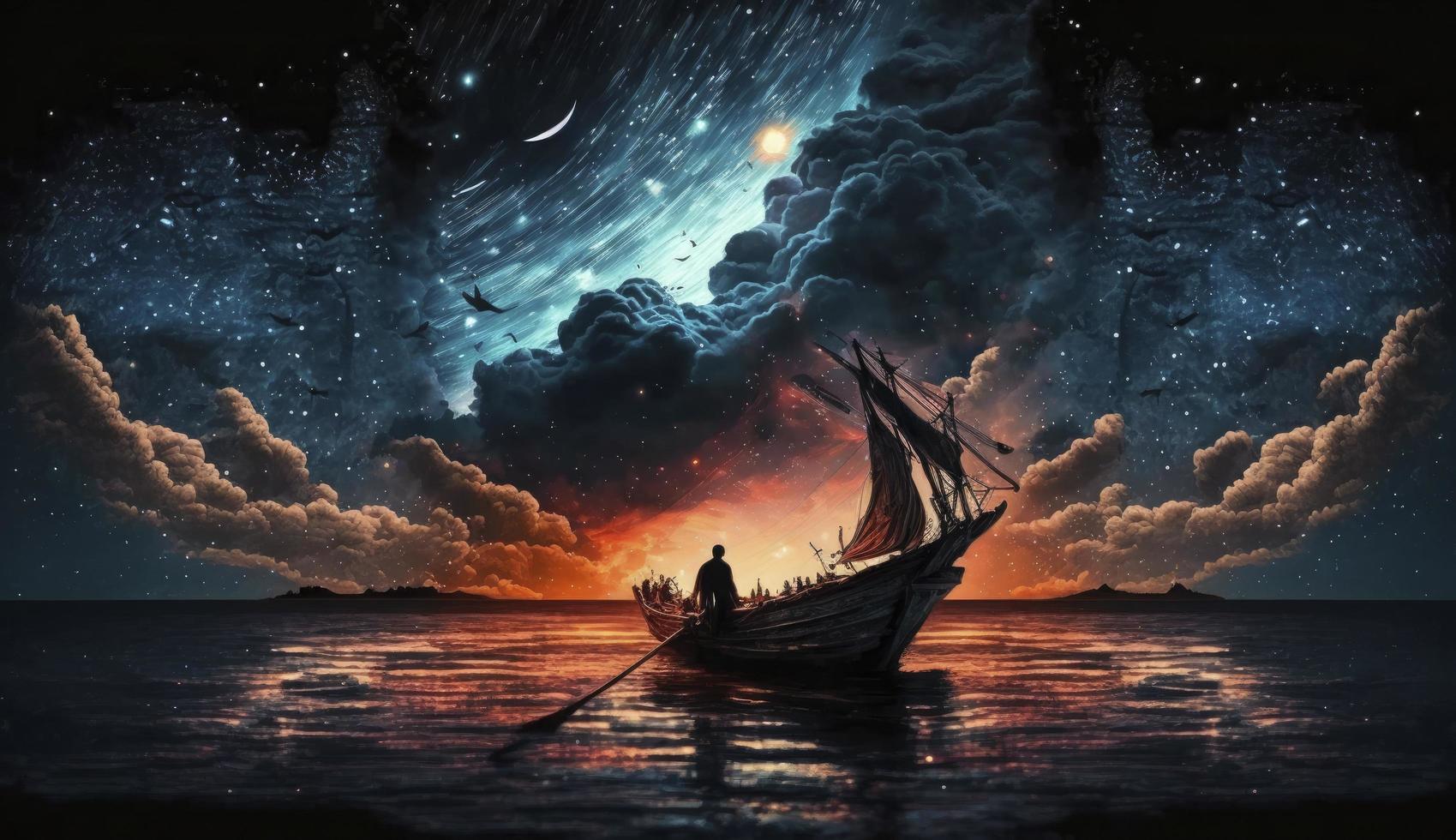 surreal scenery of the man on a boat in the outer space with stars and clouds in night and sunset time, digital art style, illustration painting, Generate Ai photo