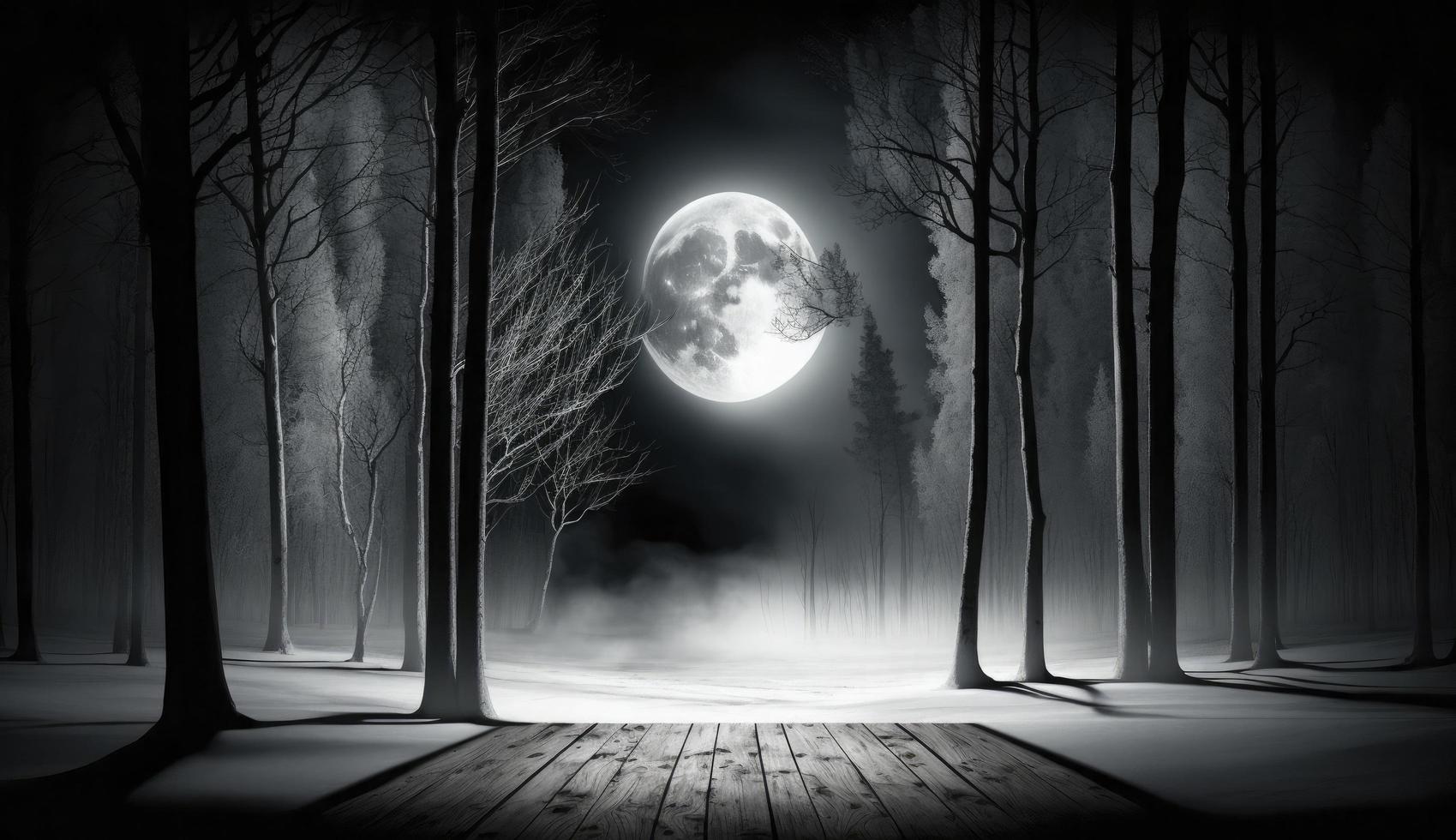 Dark abstract winter forest background. Wooden floor, snow, fog. Dark night background in the forest with moonlight. Night view, Generate Ai photo