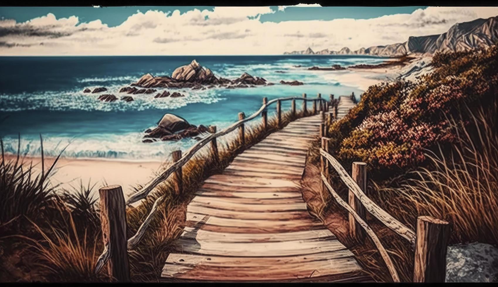wooden path to the sea, Generate Ai photo