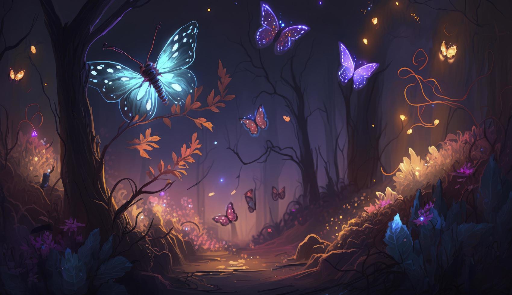 hada bosque a noche, fantasía brillante flores, mariposa y luces, generar ai foto