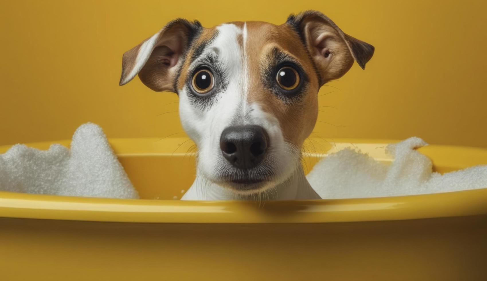 curioso interesado perro mira dentro cámara en bañera, mascotas limpieza . Jack Russell terrier de cerca retrato en amarillo antecedentes. gracioso mascota, generar ai foto