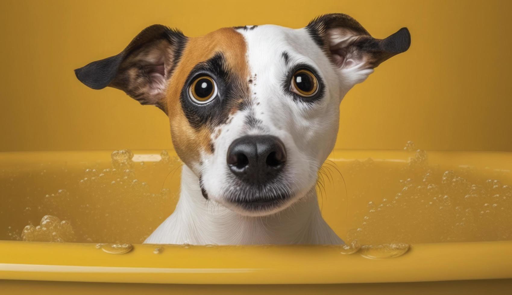 curioso interesado perro mira dentro cámara en bañera, mascotas limpieza . Jack Russell terrier de cerca retrato en amarillo antecedentes. gracioso mascota, generar ai foto