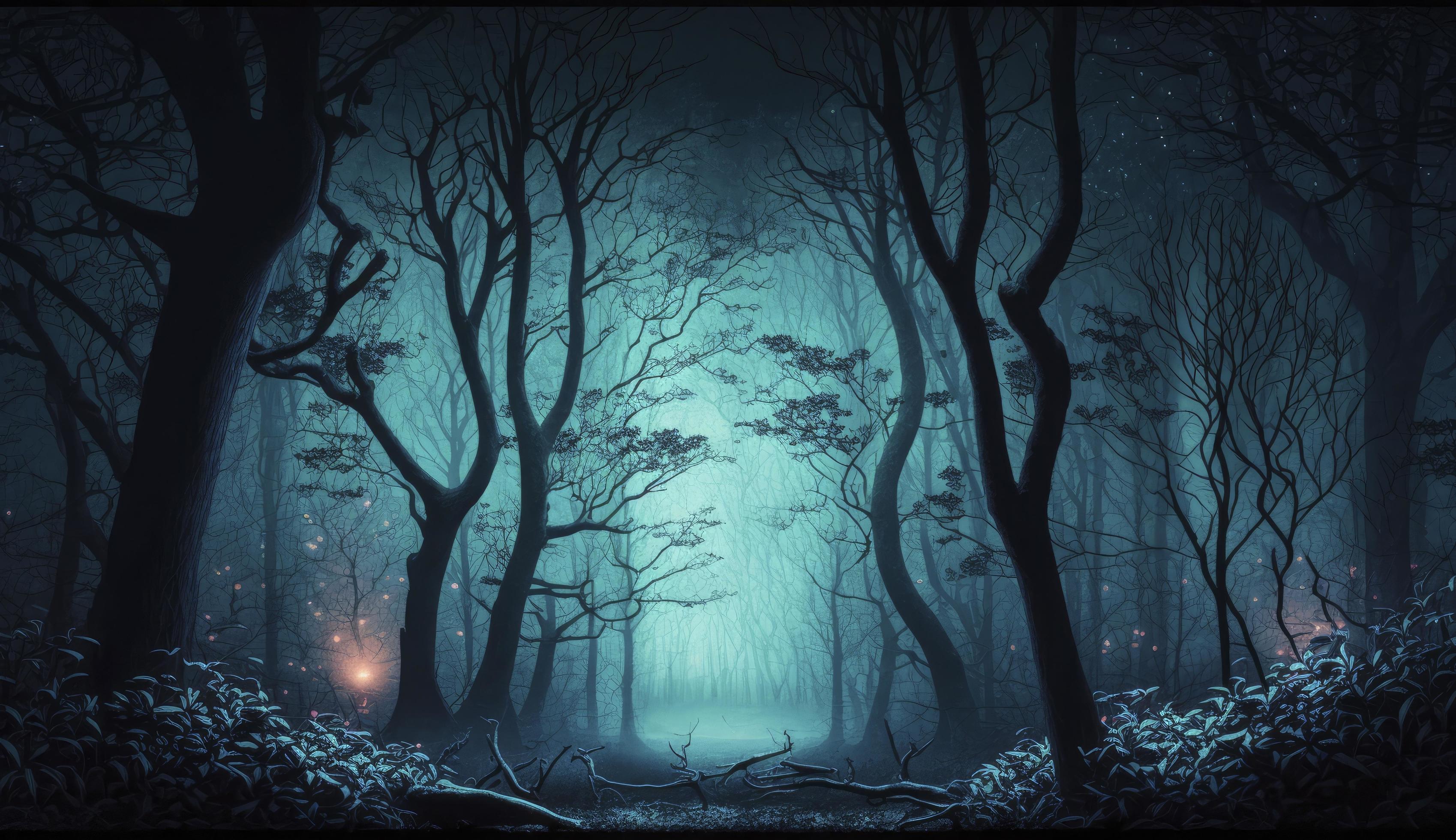 キャンバスドローイング『The forest at night』 Mystical forest scene at night as digital art, Generate Ai