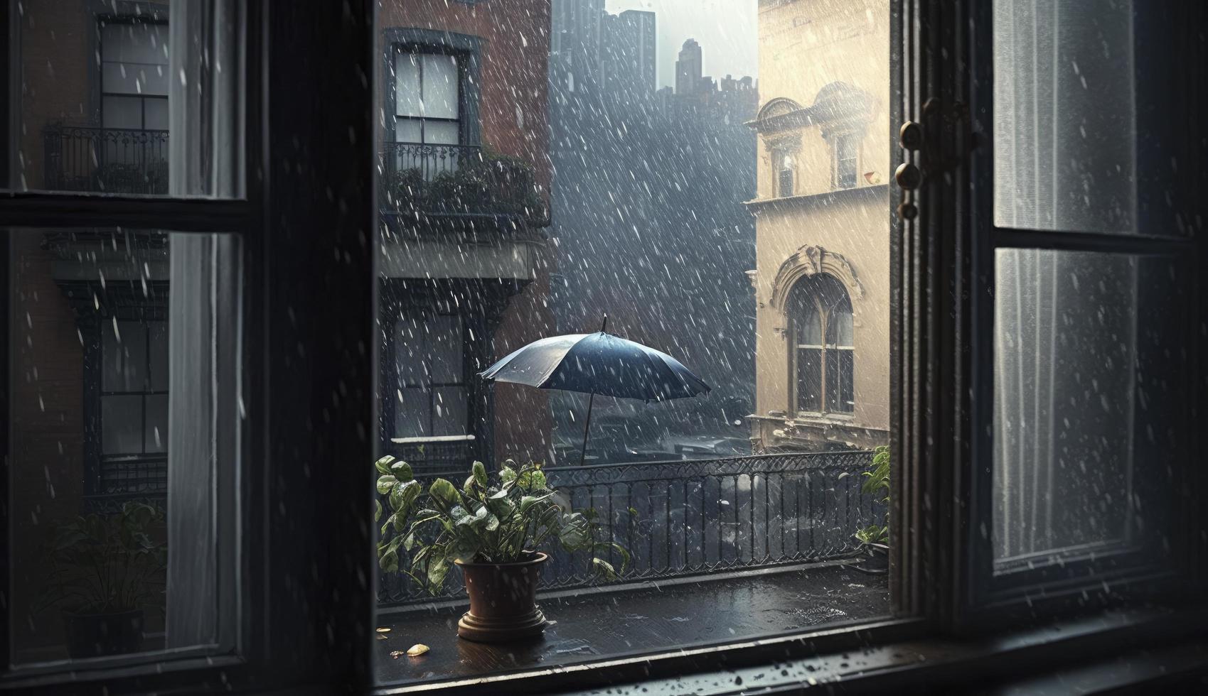 lluvioso día visto desde un ventana, generar ai foto