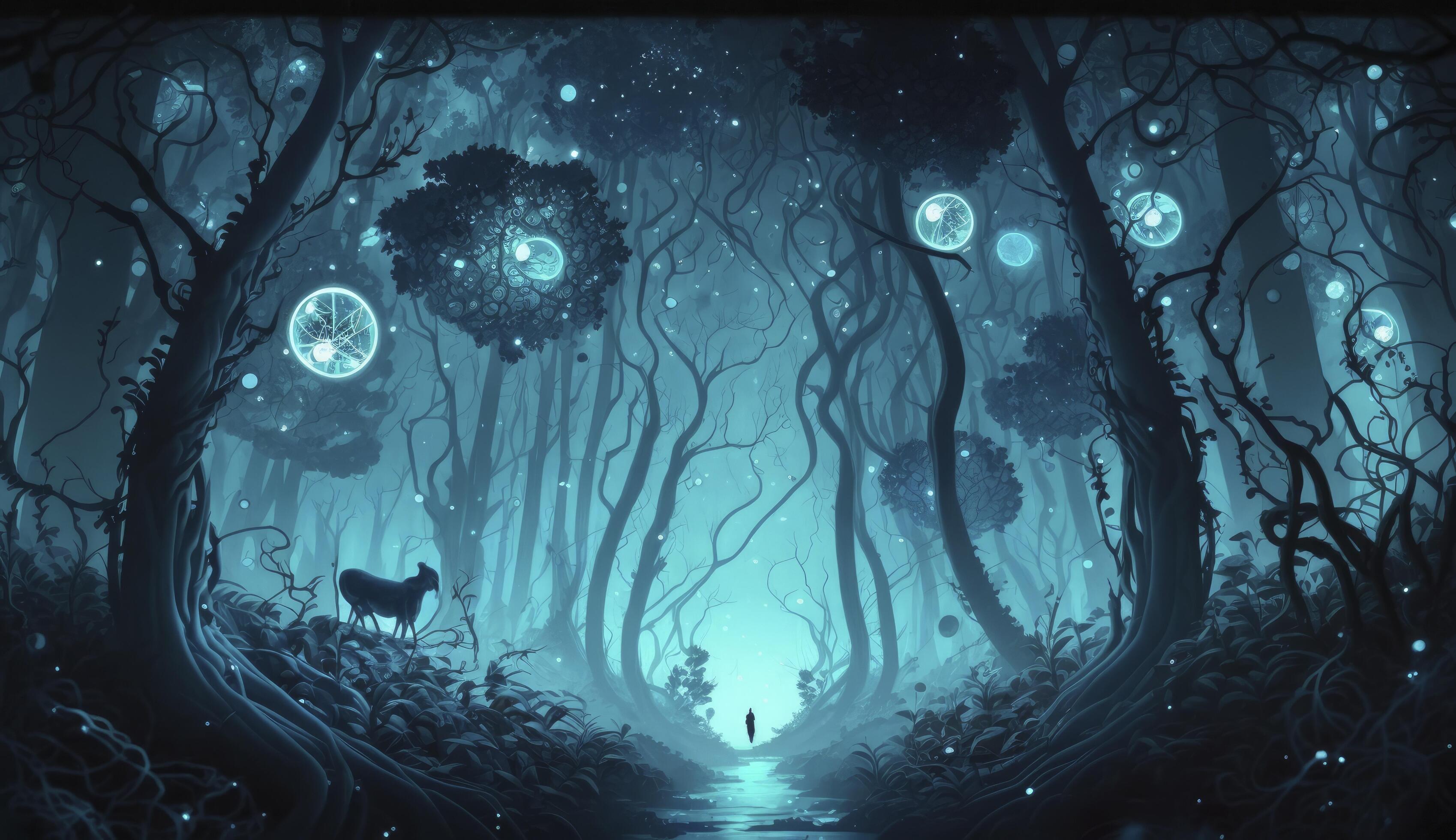 Mystical forest scene at night as digital art, Generate Ai
