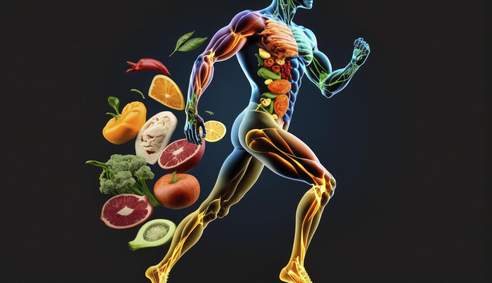 Fresco comida en humano cuerpo , nutrición para humano , generativo ai foto