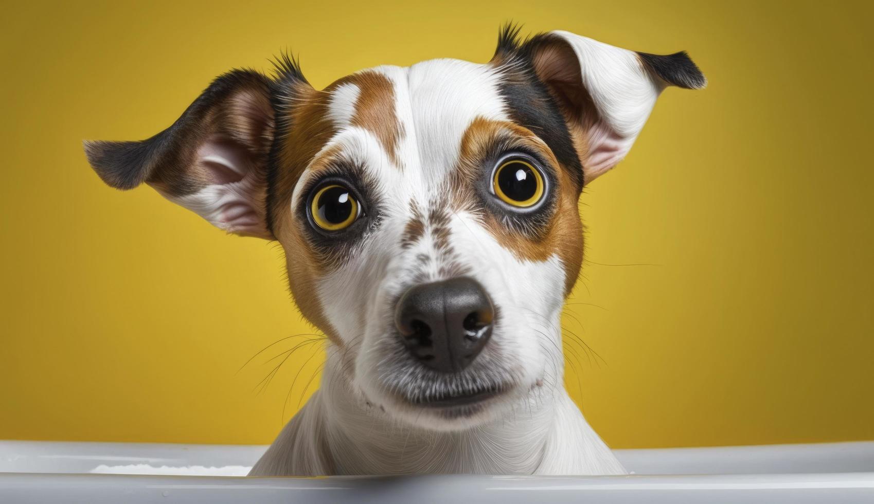 Curious interested dog looks into camera in bathtub, pets cleaning . Jack russell terrier closeup portrait on yellow background. Funny pet, Generate Ai photo