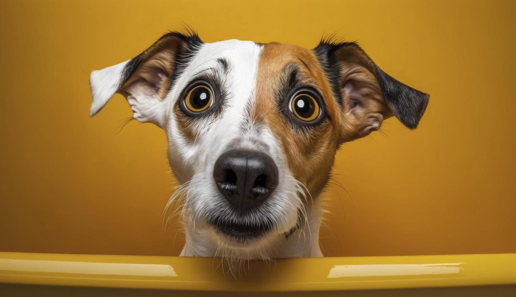 Curious interested dog looks into camera in bathtub, pets cleaning . Jack russell terrier closeup portrait on yellow background. Funny pet, Generate Ai photo