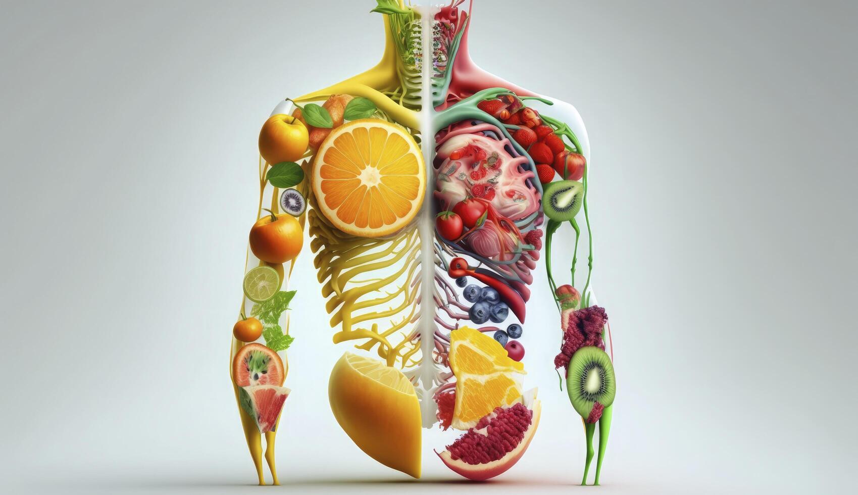 Fresco comida en humano cuerpo , nutrición para humano , generativo ai foto