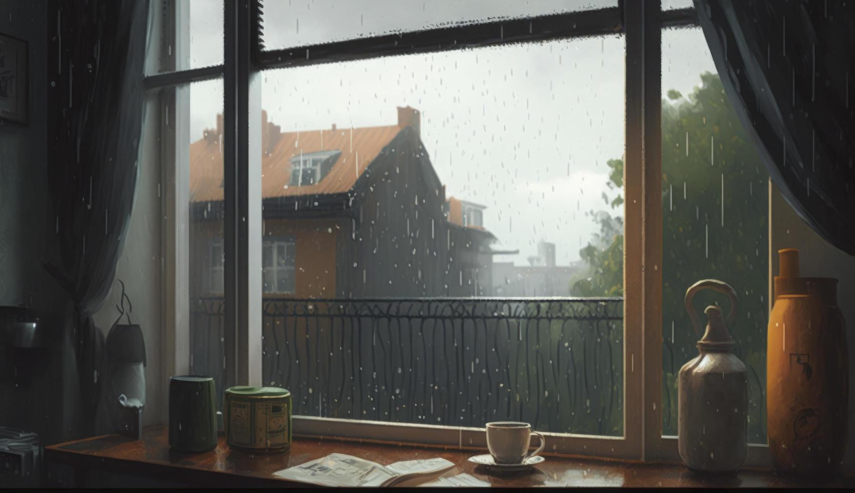 Rainy day seen from a window, Generate Ai photo