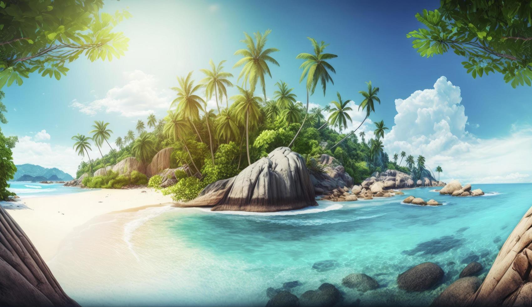 Beautiful tropical island with palm trees and beach panorama as background image, Generate Ai photo