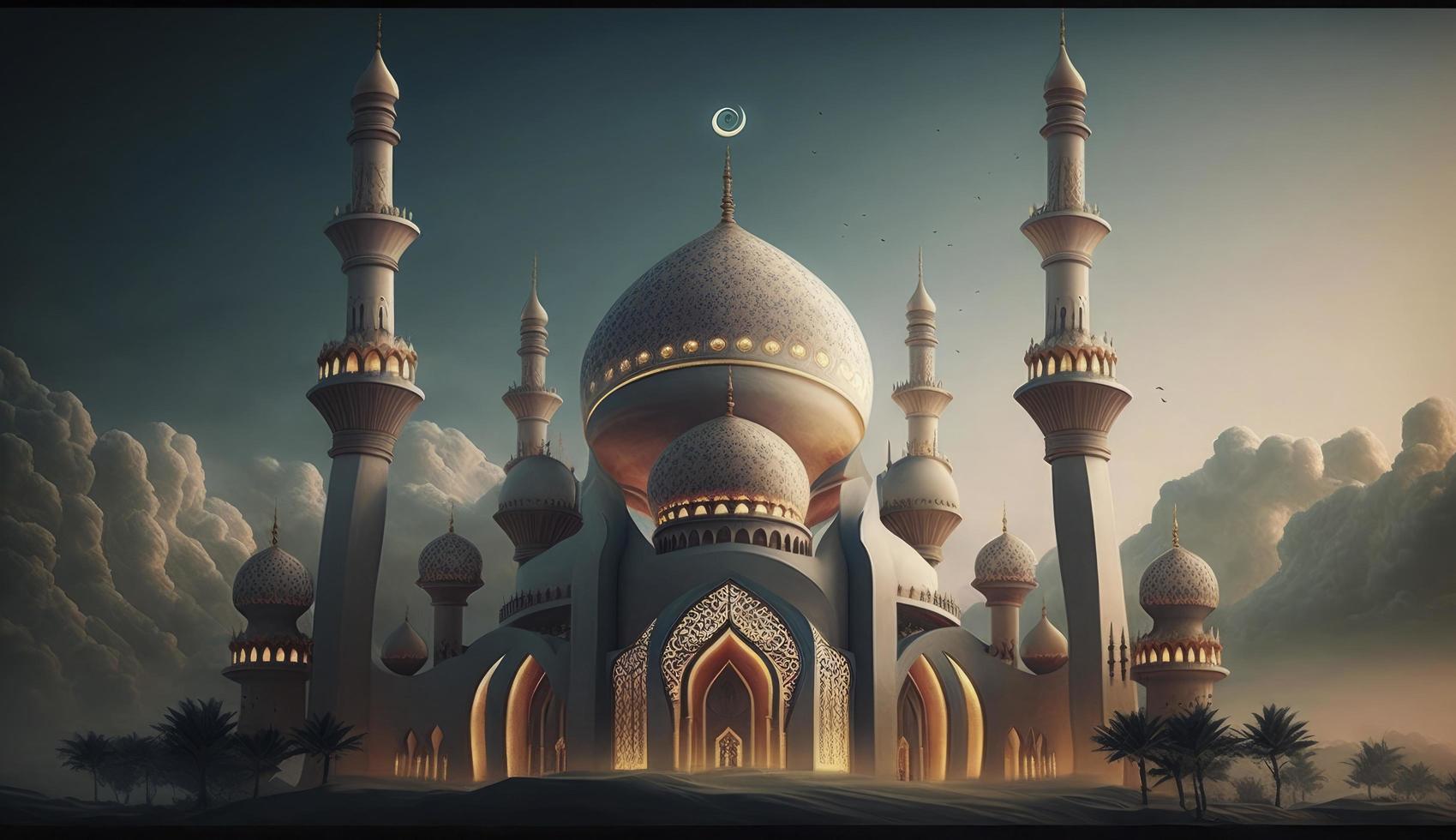 illustration of amazing architecture design of muslim mosque ramadan kareem, islamic architecture background ramadan kareem, Islamic Mosque, Ramdan, ramzan, eid, culture, arab, Generate Ai photo
