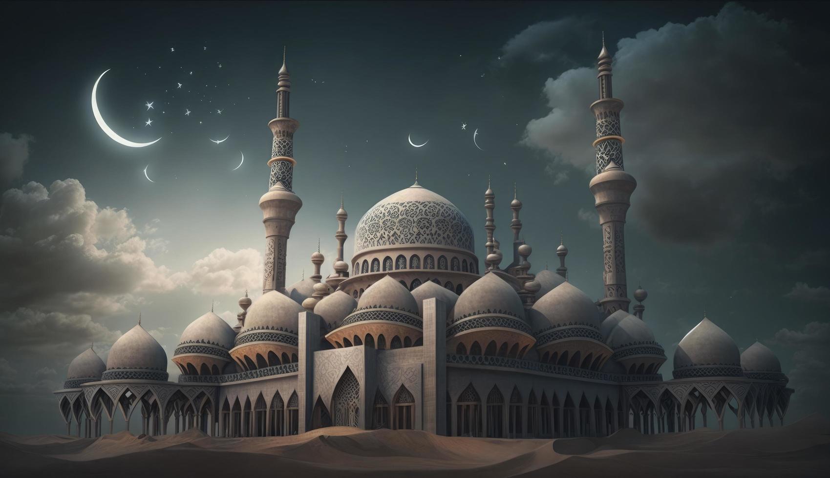 ilustración de increíble arquitectura diseño de musulmán mezquita Ramadán Kareem, islámico arquitectura antecedentes Ramadán Kareem, islámico mezquita, ramdán, ramzán, eid, cultura, árabe, generar ai foto