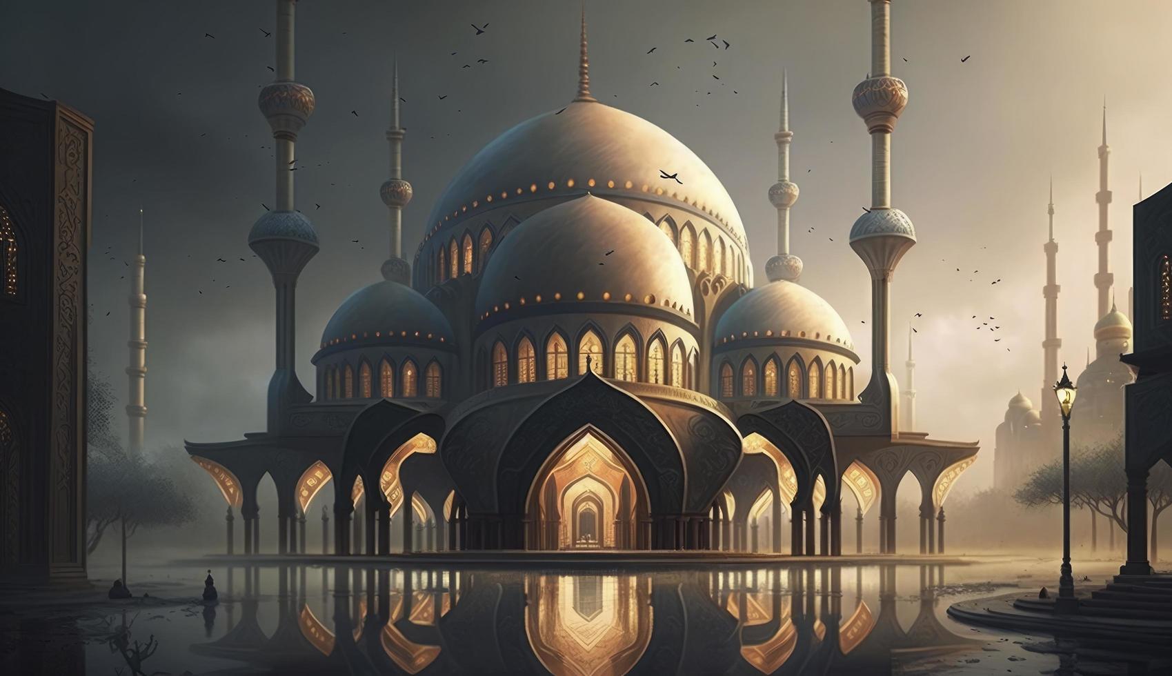 illustration of amazing architecture design of muslim mosque ramadan kareem, islamic architecture background ramadan kareem, Islamic Mosque, Ramdan, ramzan, eid, culture, arab, Generate Ai photo