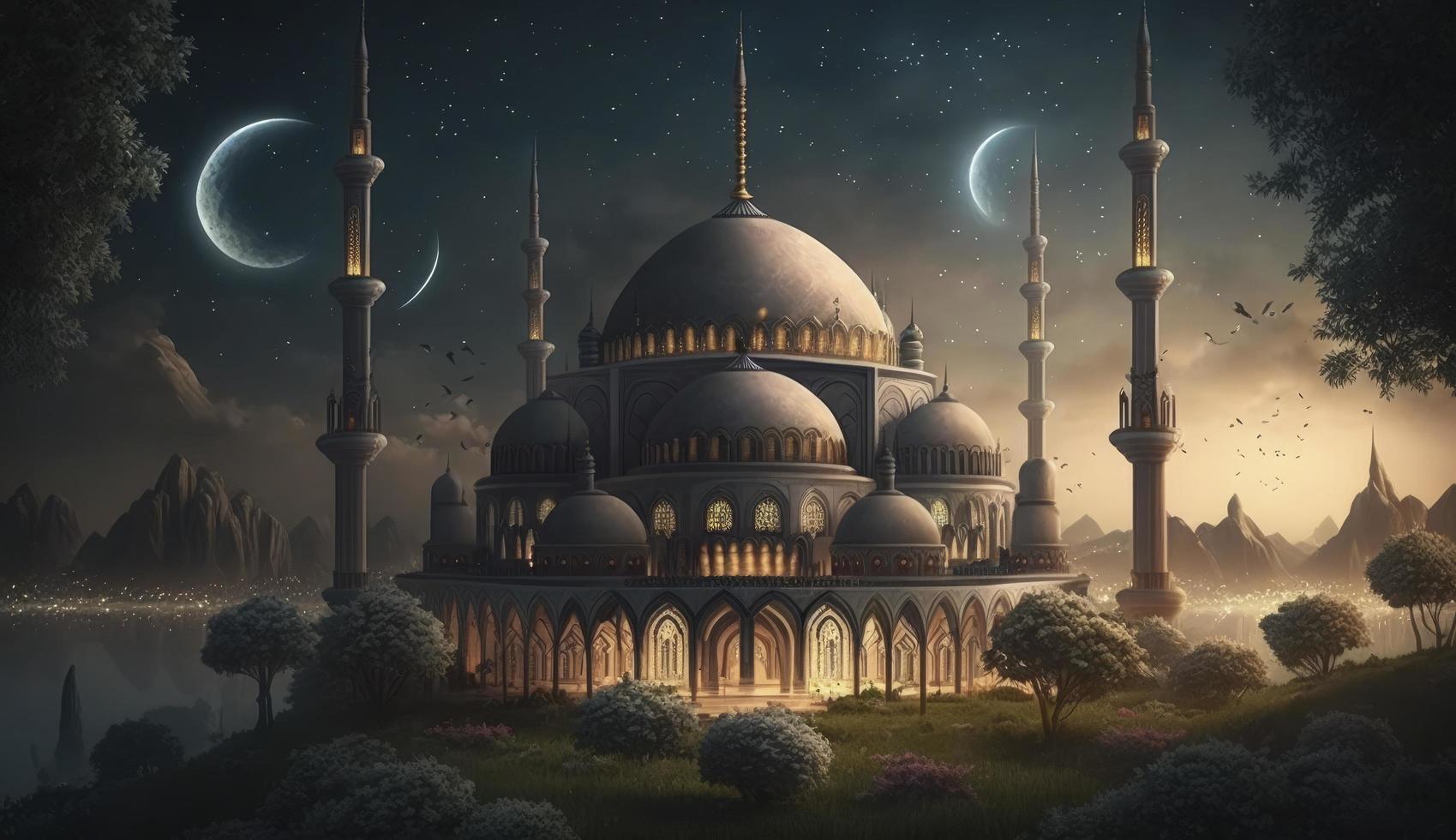 illustration of amazing architecture design of muslim mosque ramadan kareem, islamic architecture background ramadan kareem, Islamic Mosque, Ramdan, ramzan, eid, culture, arab, Generate Ai photo