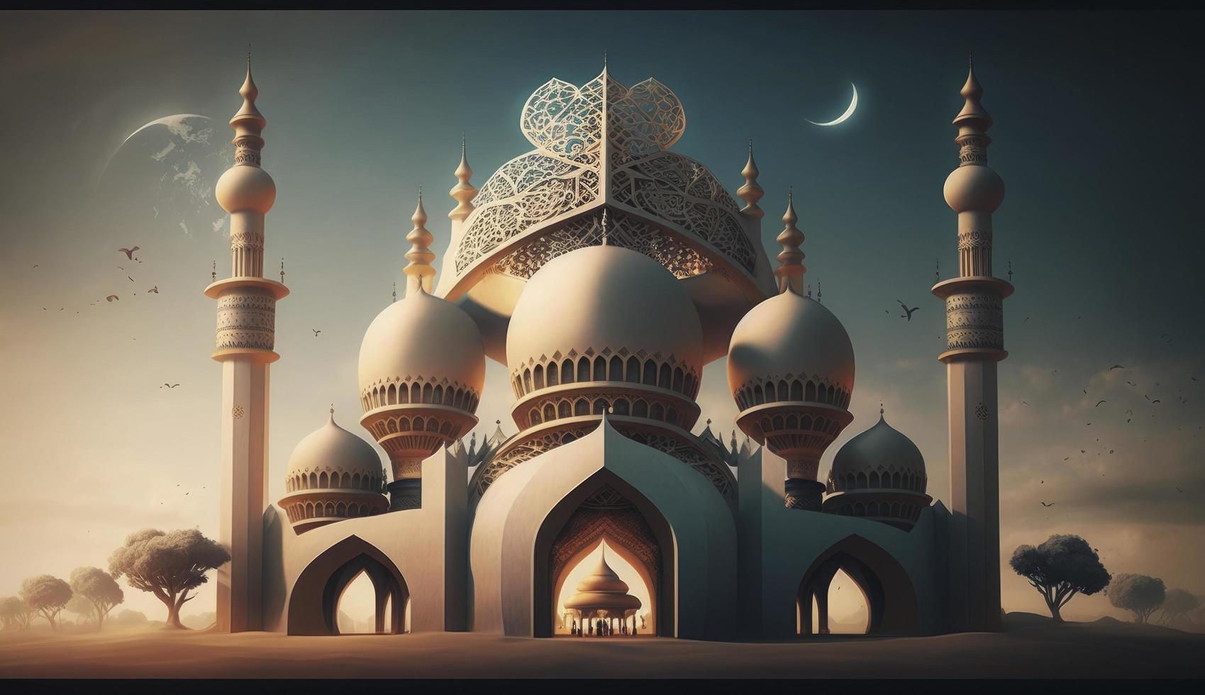 illustration of amazing architecture design of muslim mosque ramadan kareem, islamic architecture background ramadan kareem, Islamic Mosque, Ramdan, ramzan, eid, culture, arab, Generate Ai photo