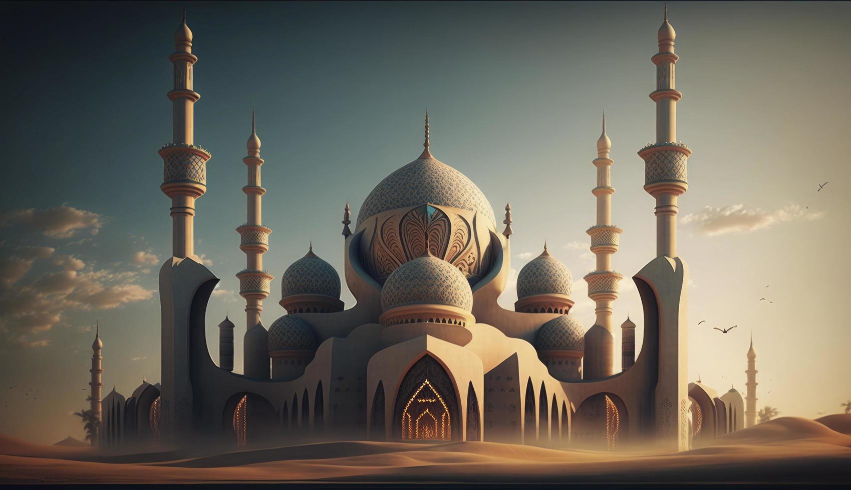 illustration of amazing architecture design of muslim mosque ramadan kareem, islamic architecture background ramadan kareem, Islamic Mosque, Ramdan, ramzan, eid, culture, arab, Generate Ai photo